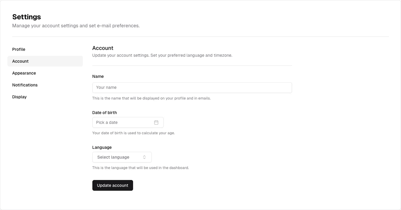 shadcn/ui v3 — Account preferences — captured interface