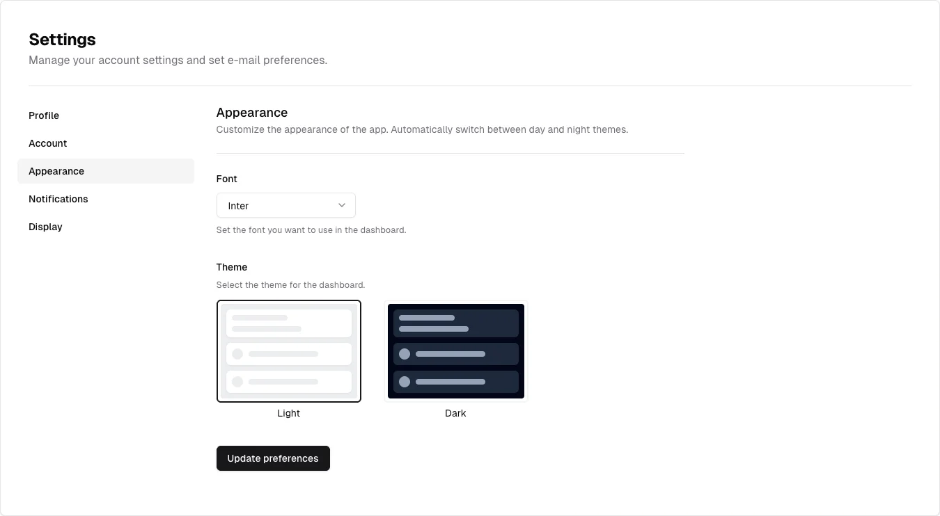 shadcn/ui v3 — Appearance settings — captured interface