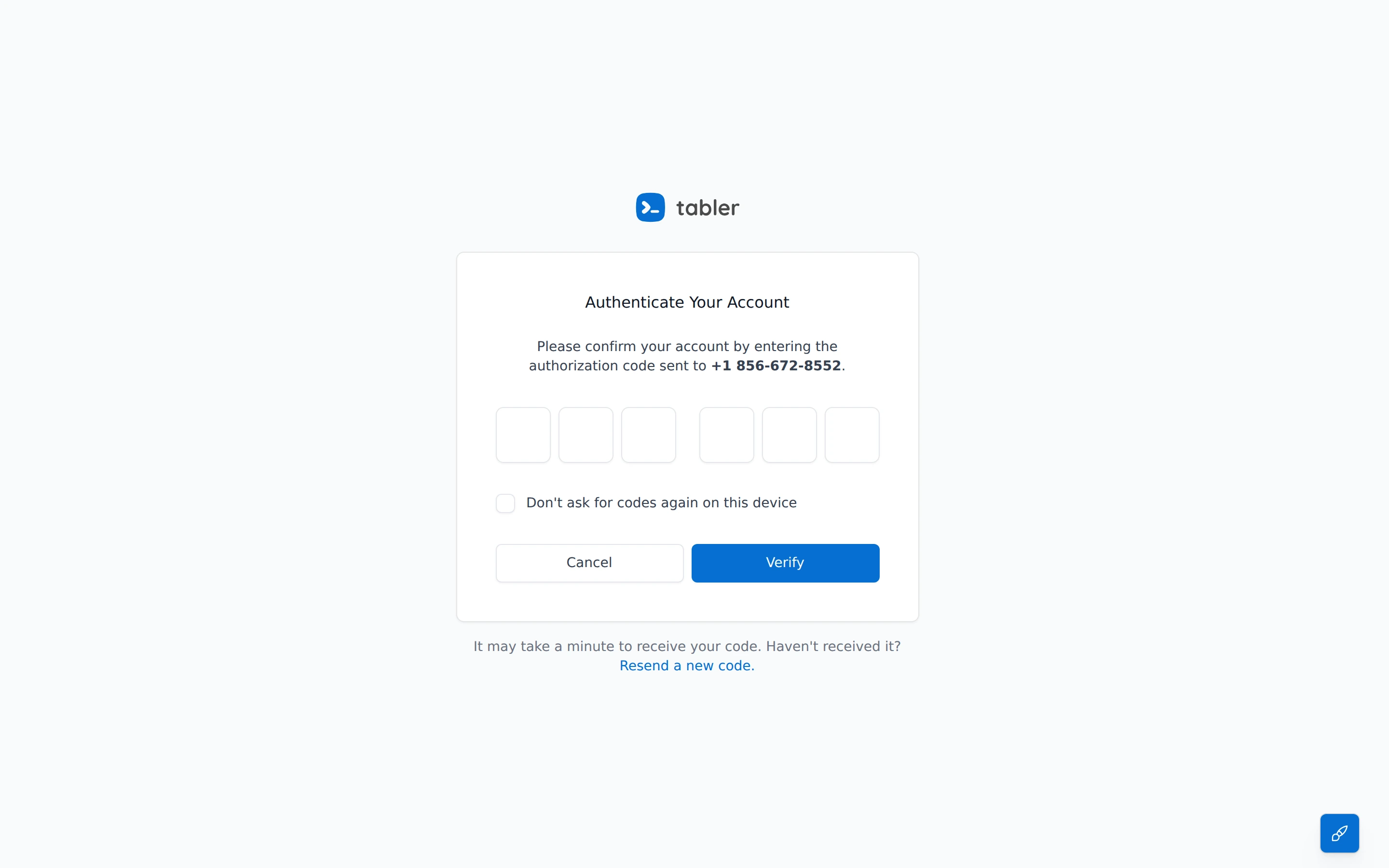 Tabler — 2 step verification code demo — captured interface