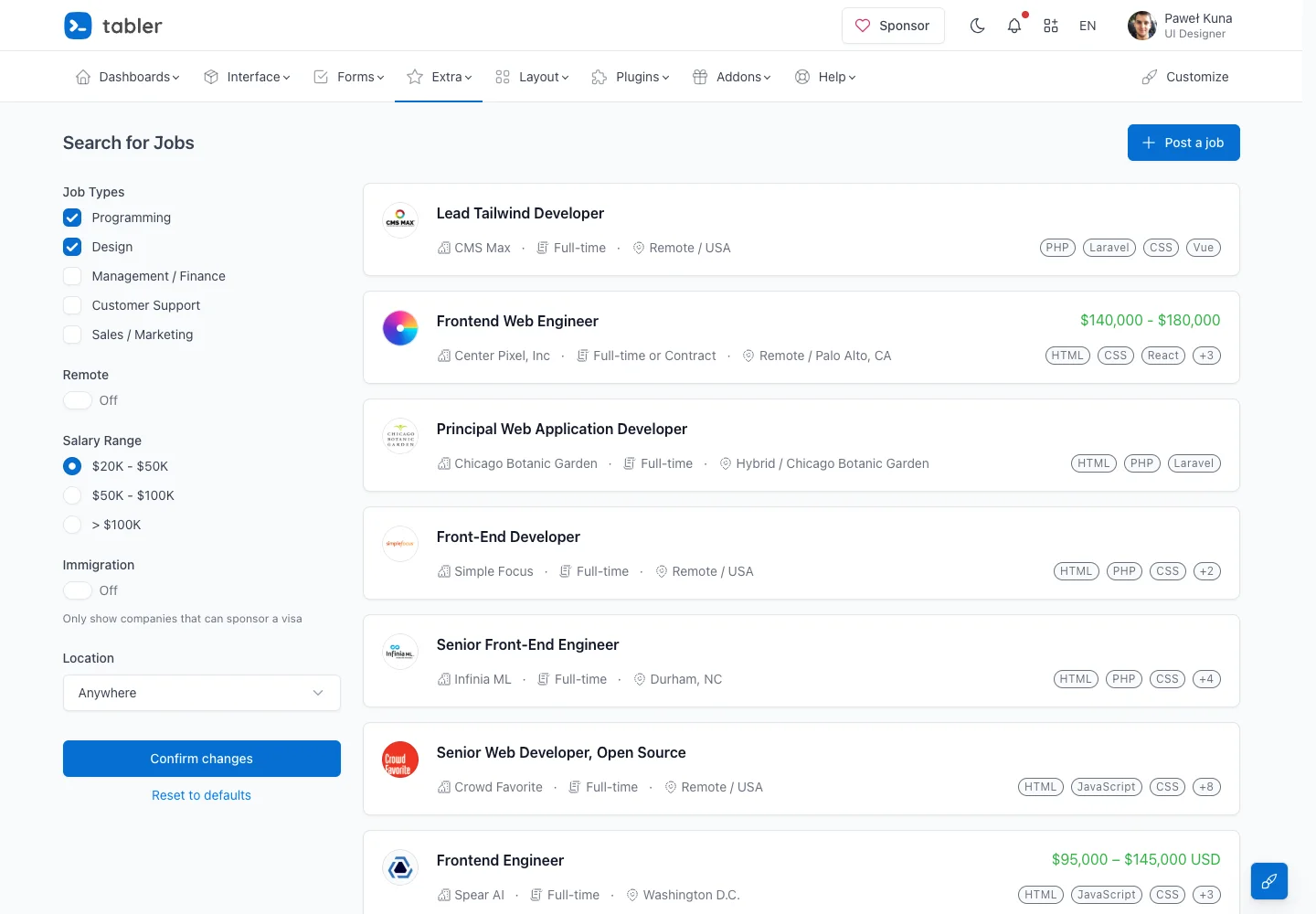 Tabler — Job listings — captured interface