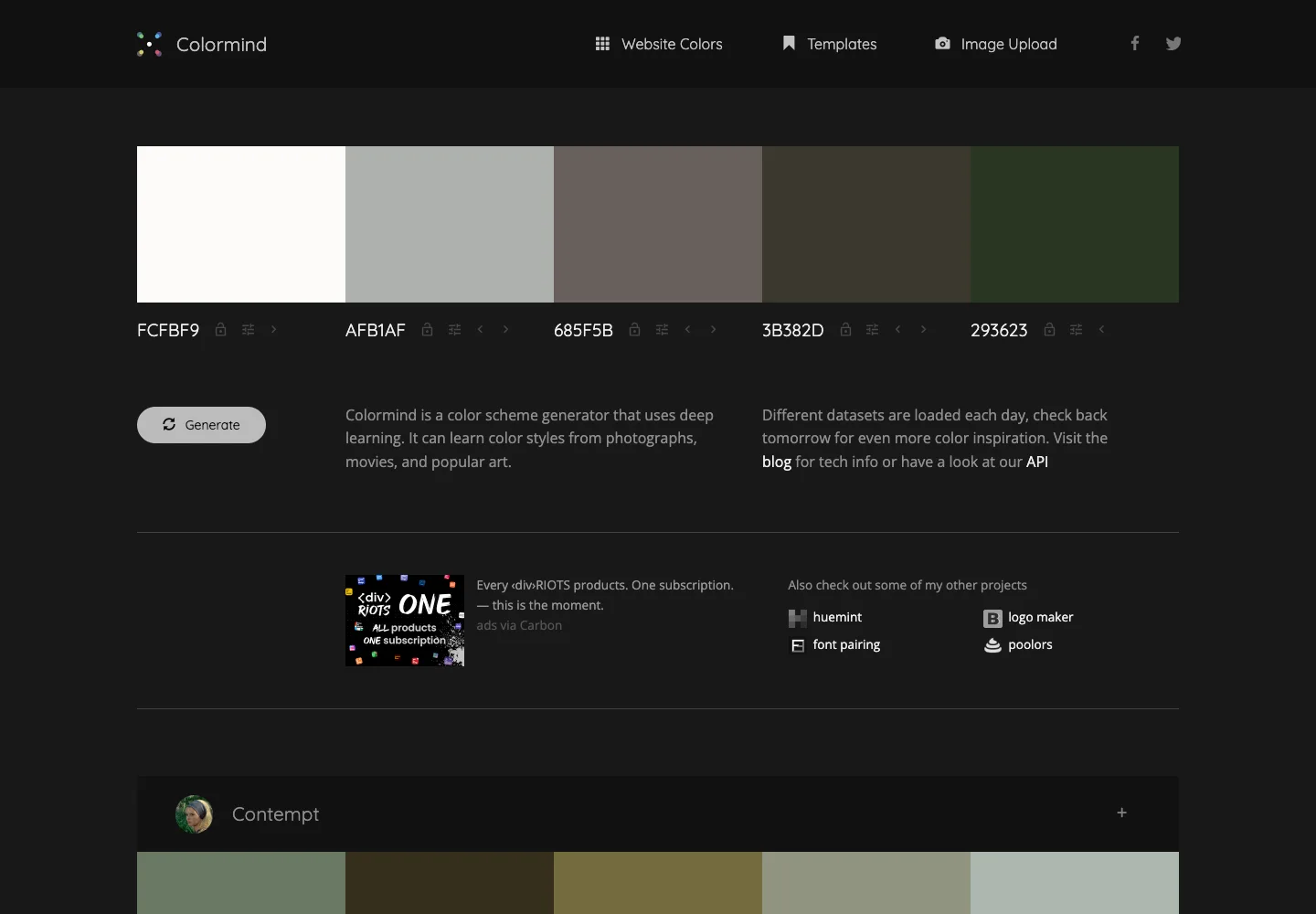 Colormind — Palette generator — captured interface