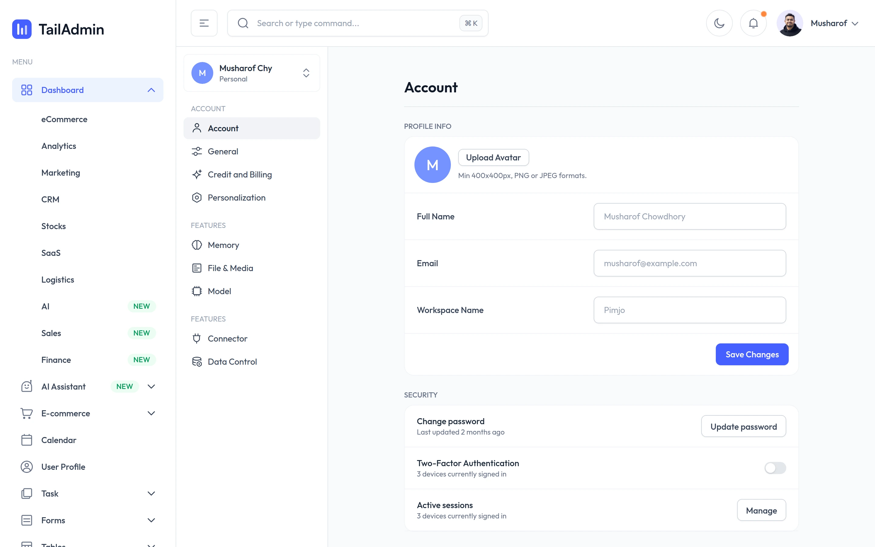 TailAdmin — Account settings demo — captured interface