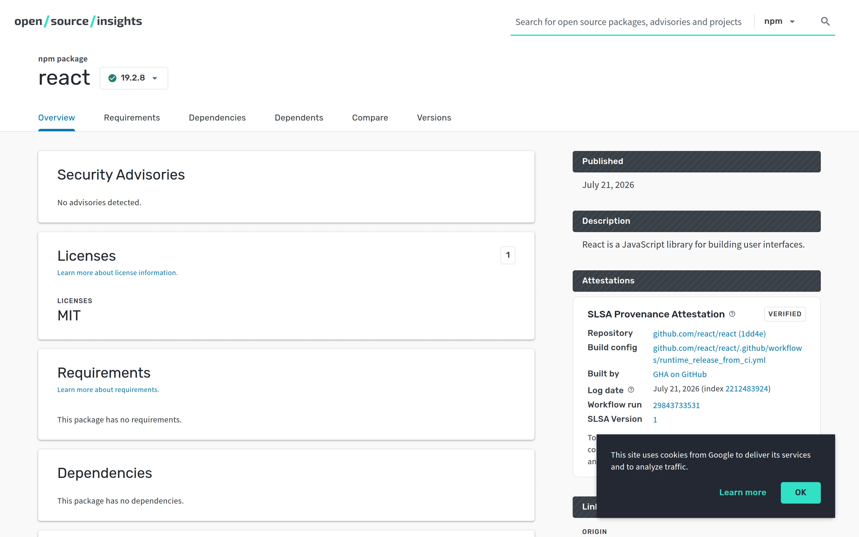 Open Source Insights — Dependency overview — captured interface