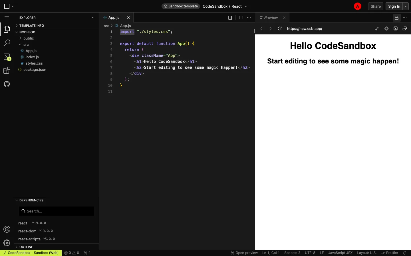 CodeSandbox — Browser IDE — captured interface