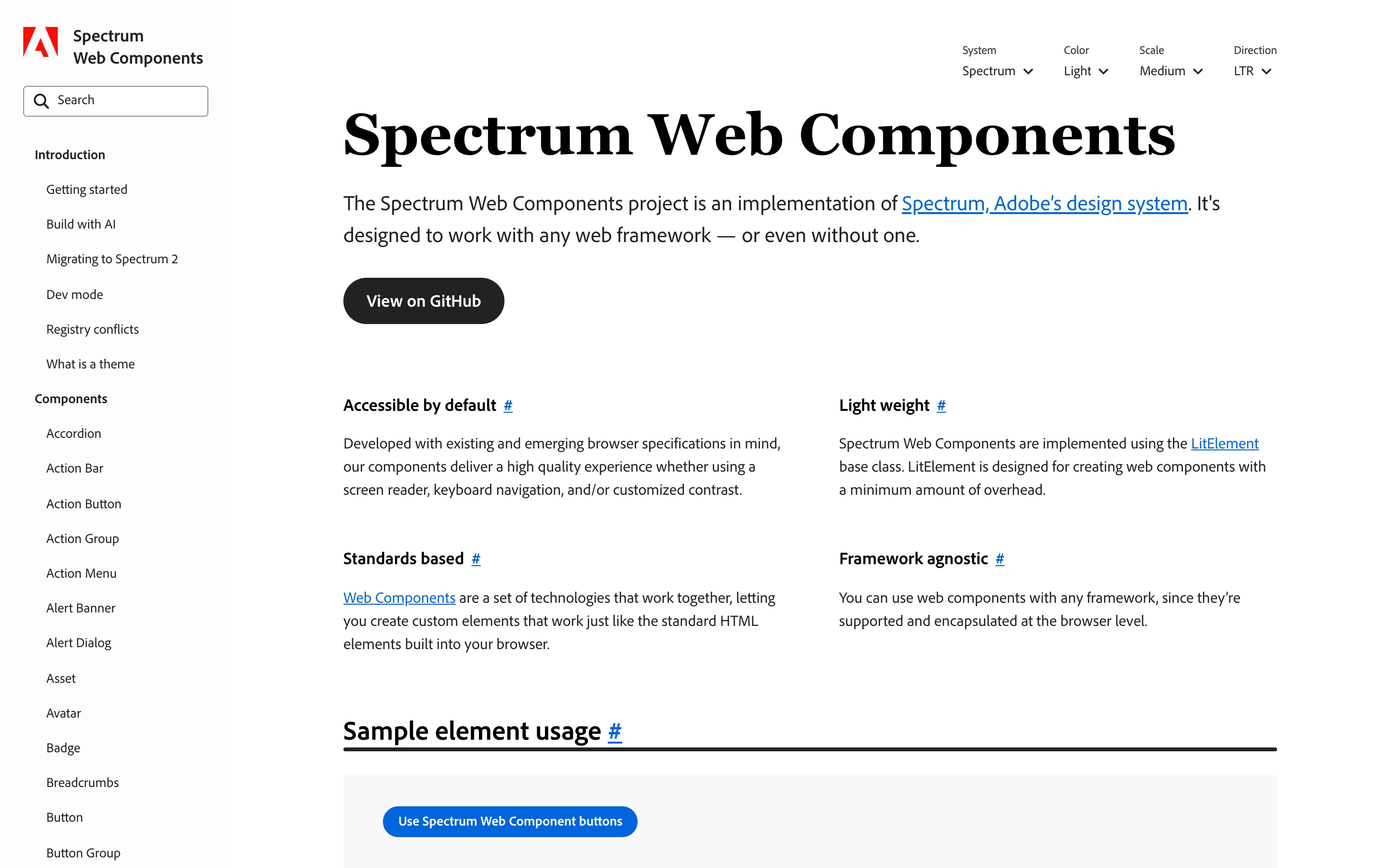 Spectrum Web Components — captured interface