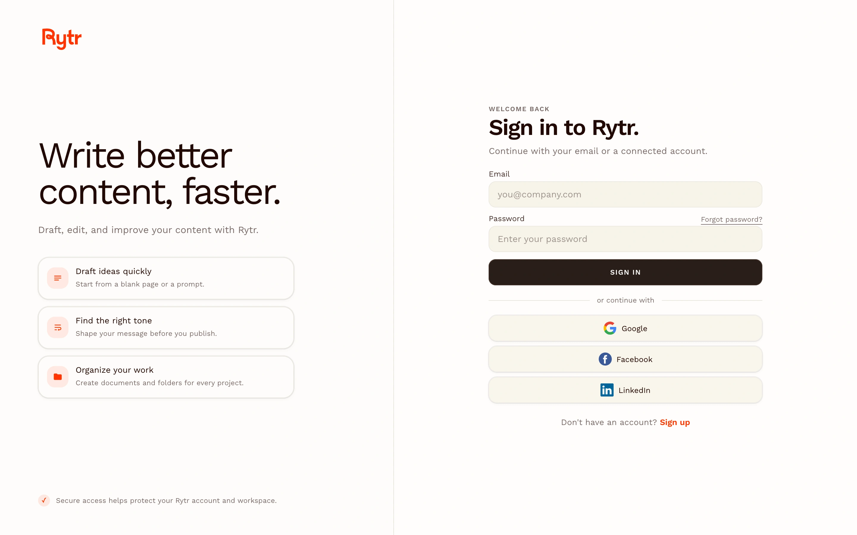Rytr — Sign-in screen — captured interface