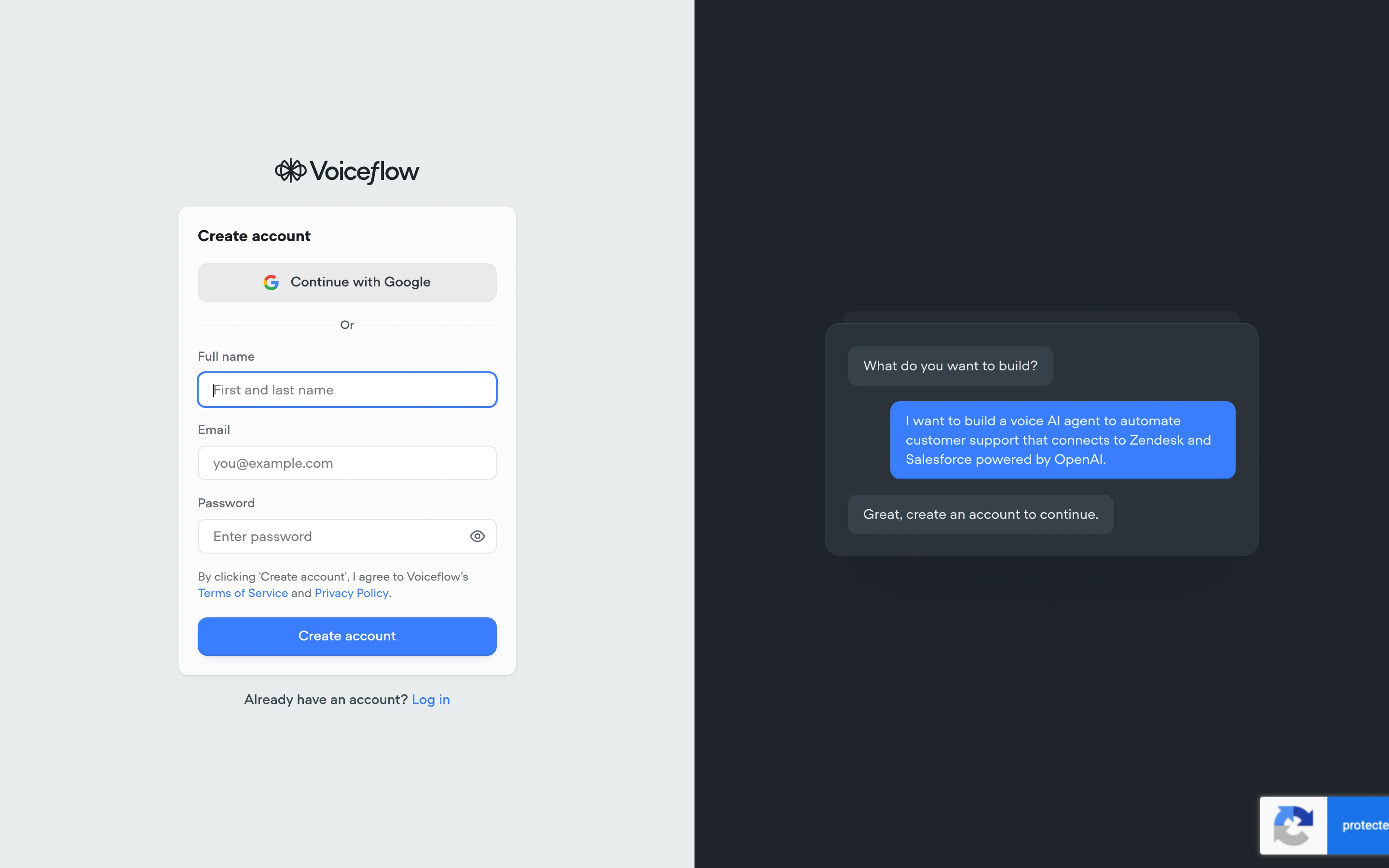 Voiceflow — Account entry — captured interface