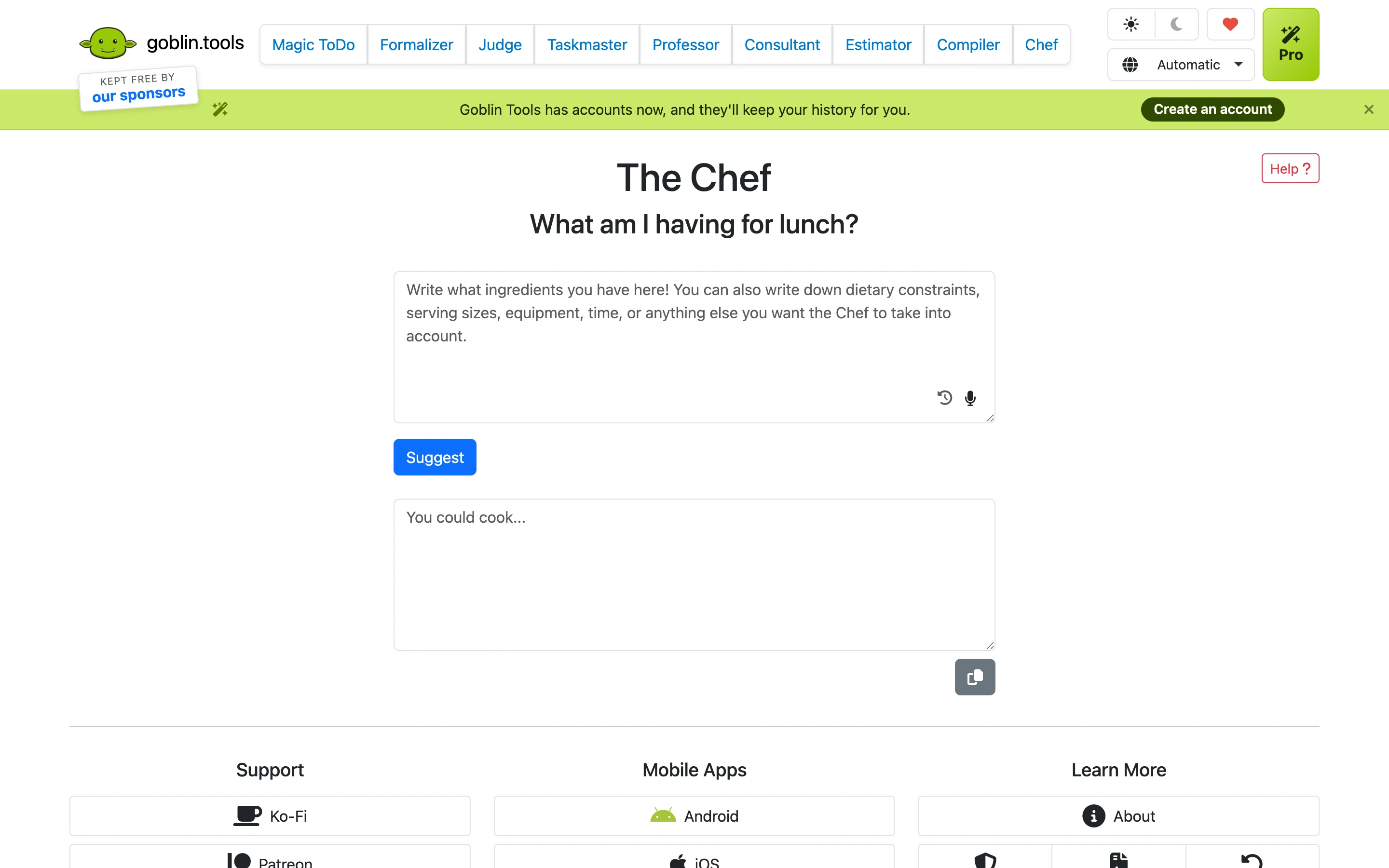 Goblin Tools — The Chef — captured interface