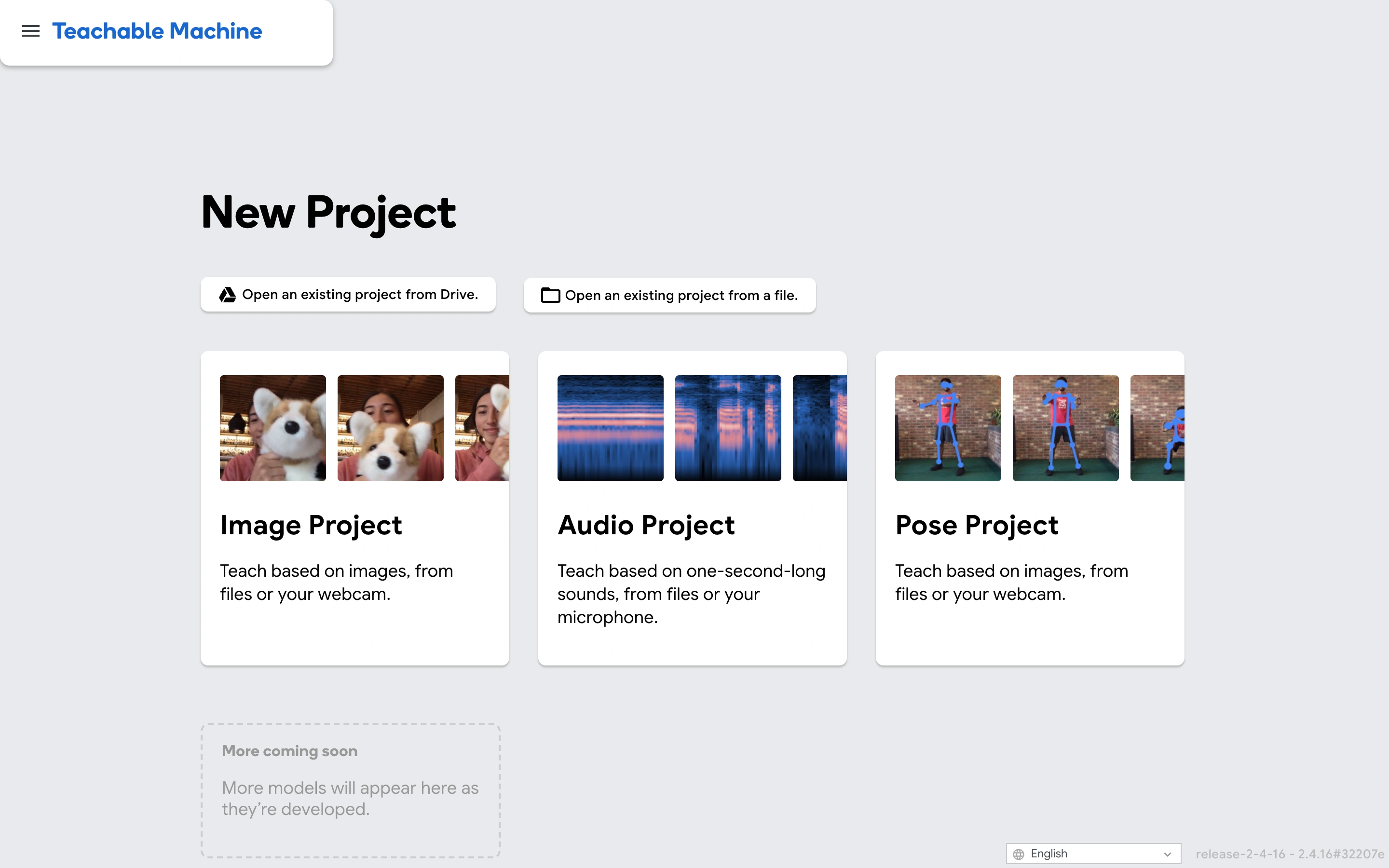 Teachable Machine — Project chooser — captured interface