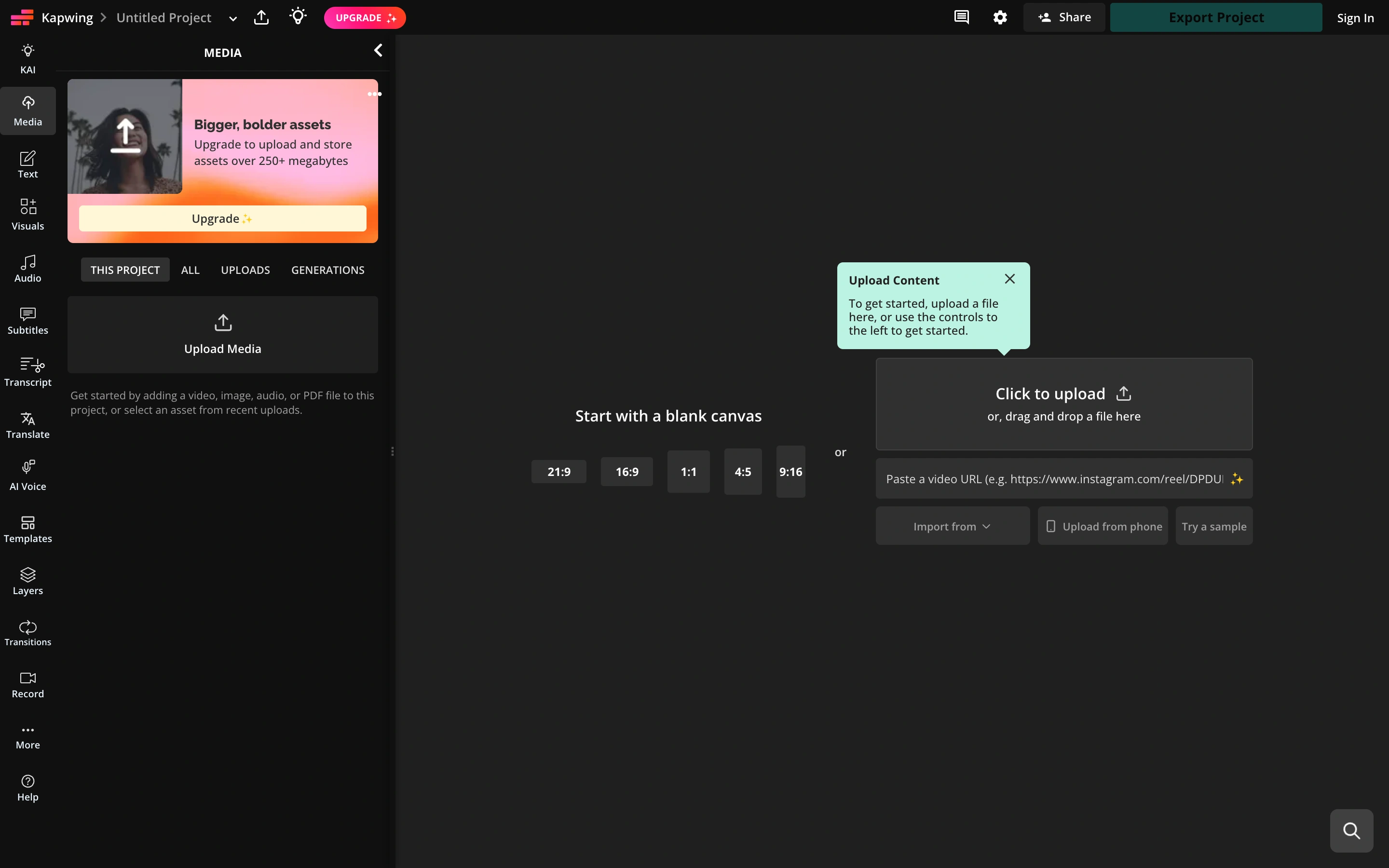 Kapwing — Empty video editor — captured interface