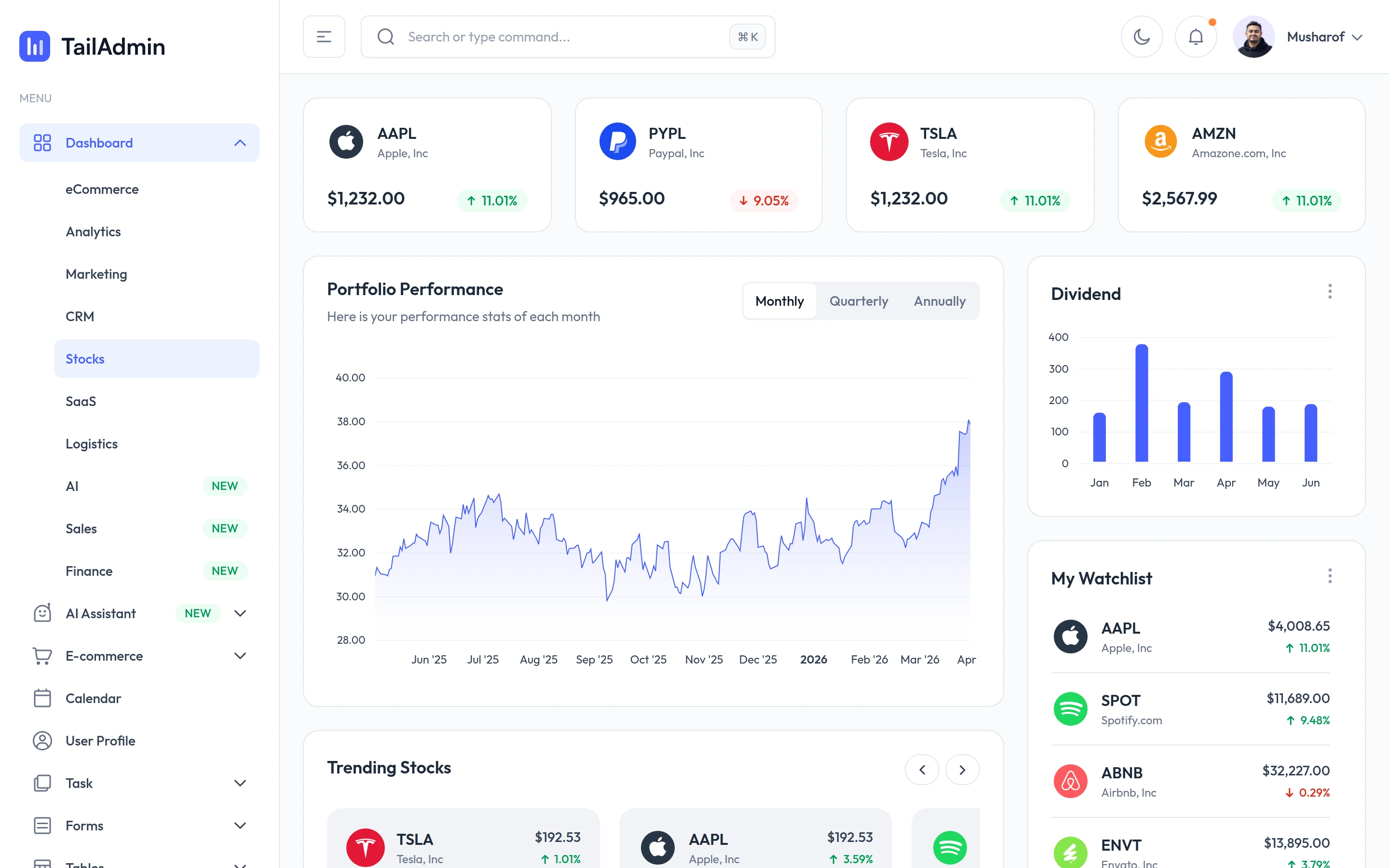 TailAdmin — Stocks demo — captured interface