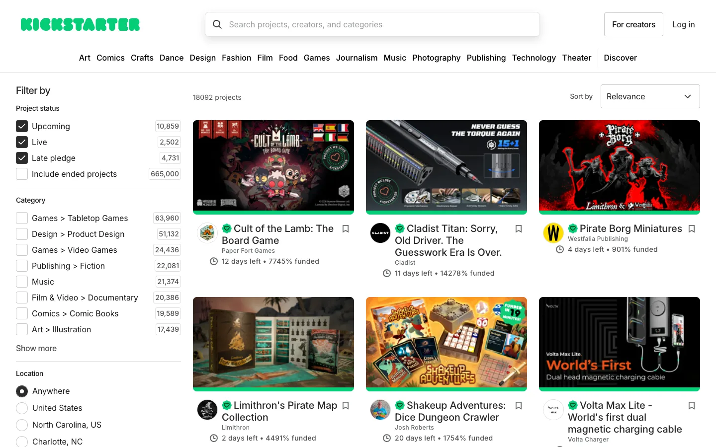 Kickstarter — Discover — captured interface