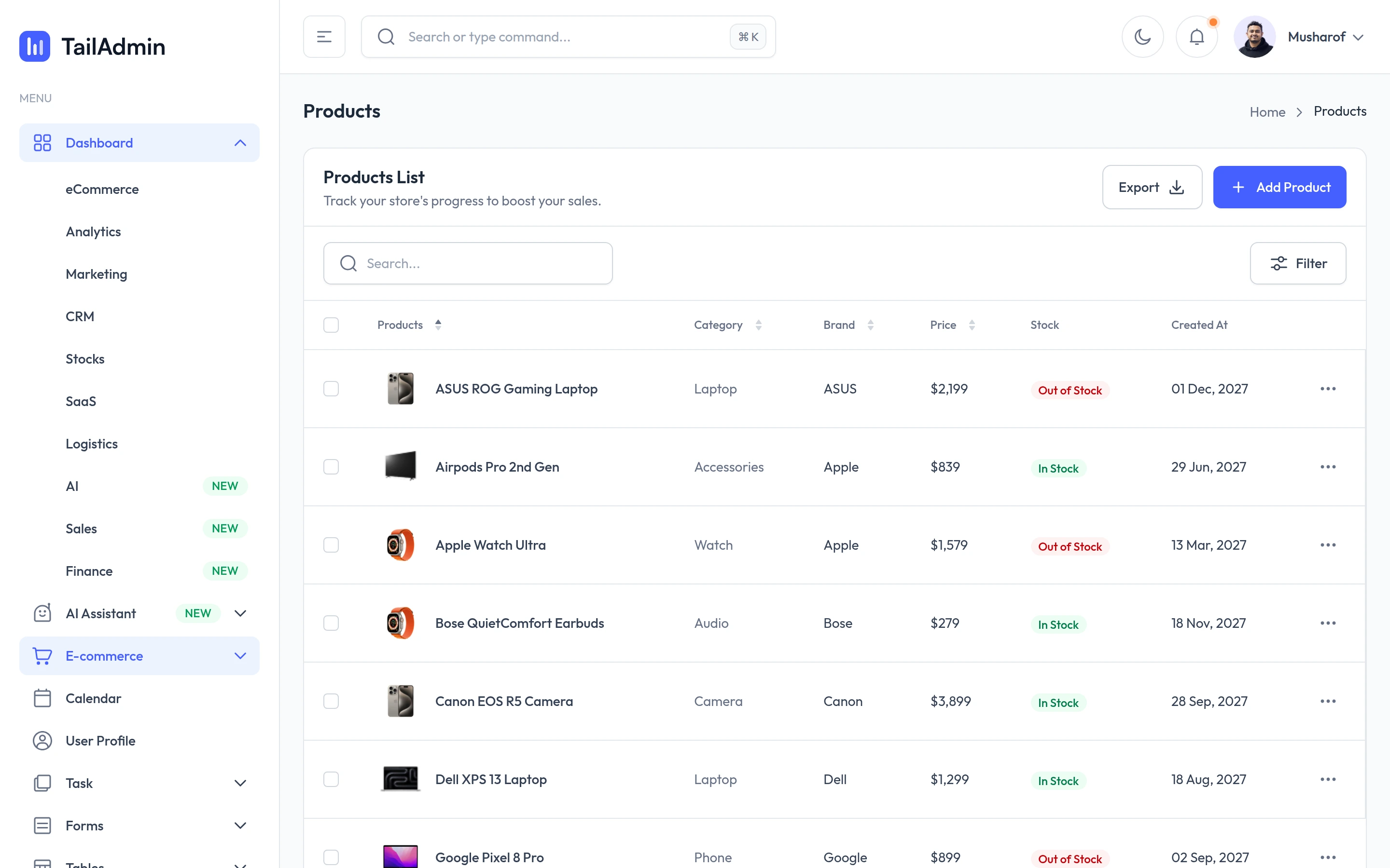 TailAdmin — Products list demo — captured interface