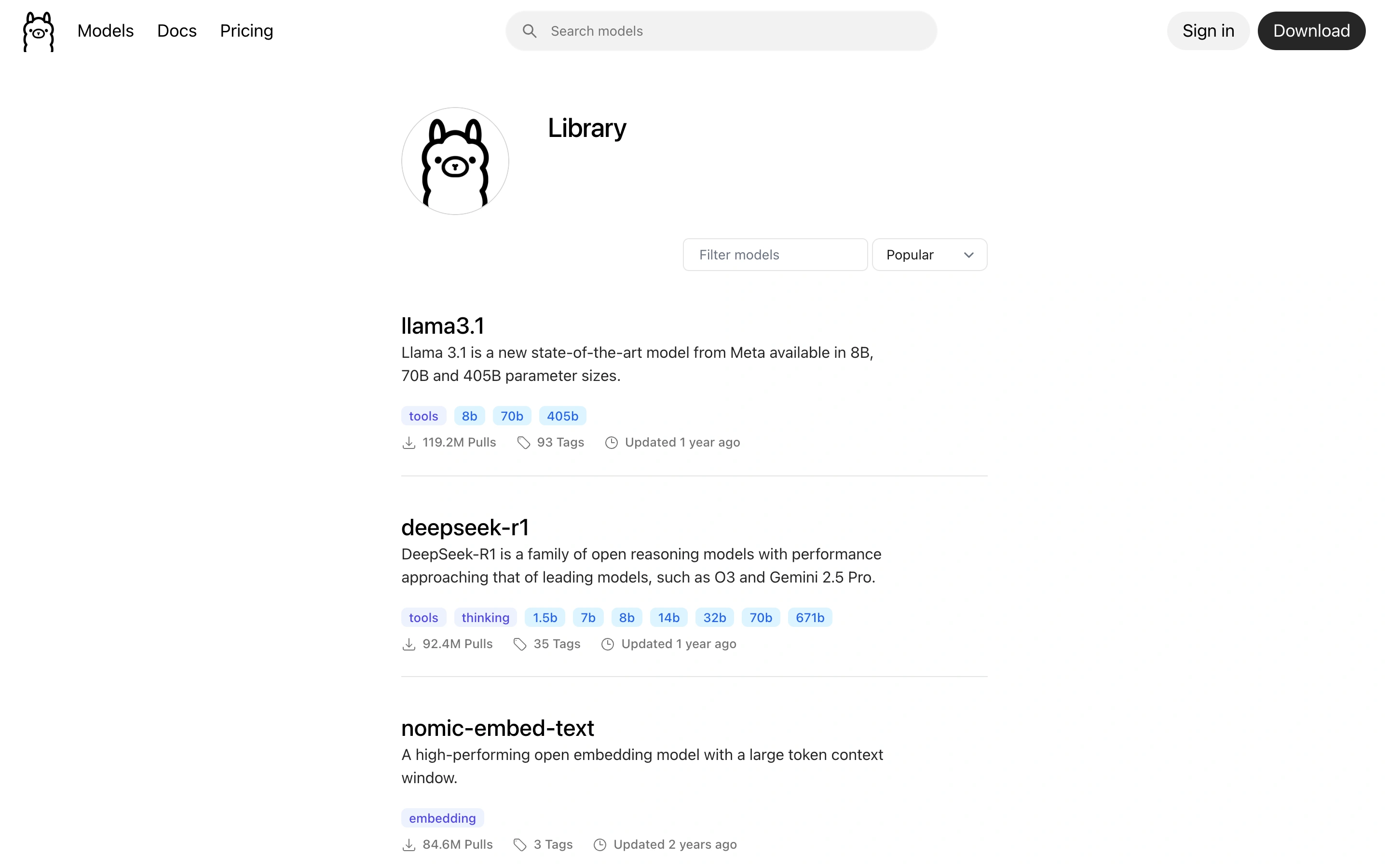 Ollama — Model library — captured interface