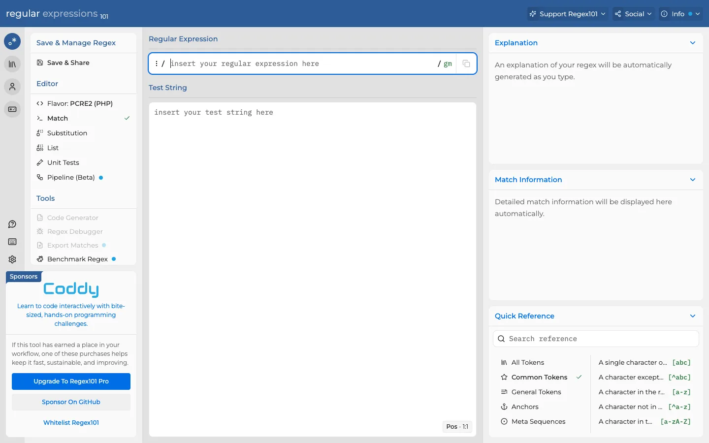 regex101 — Four-pane tool — captured interface