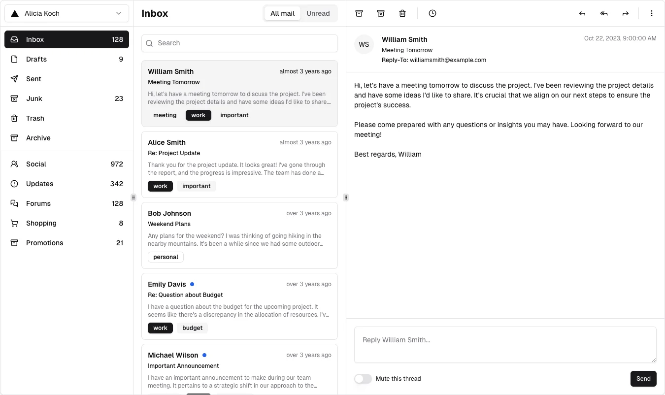 shadcn/ui v3 — Mail workspace — captured interface