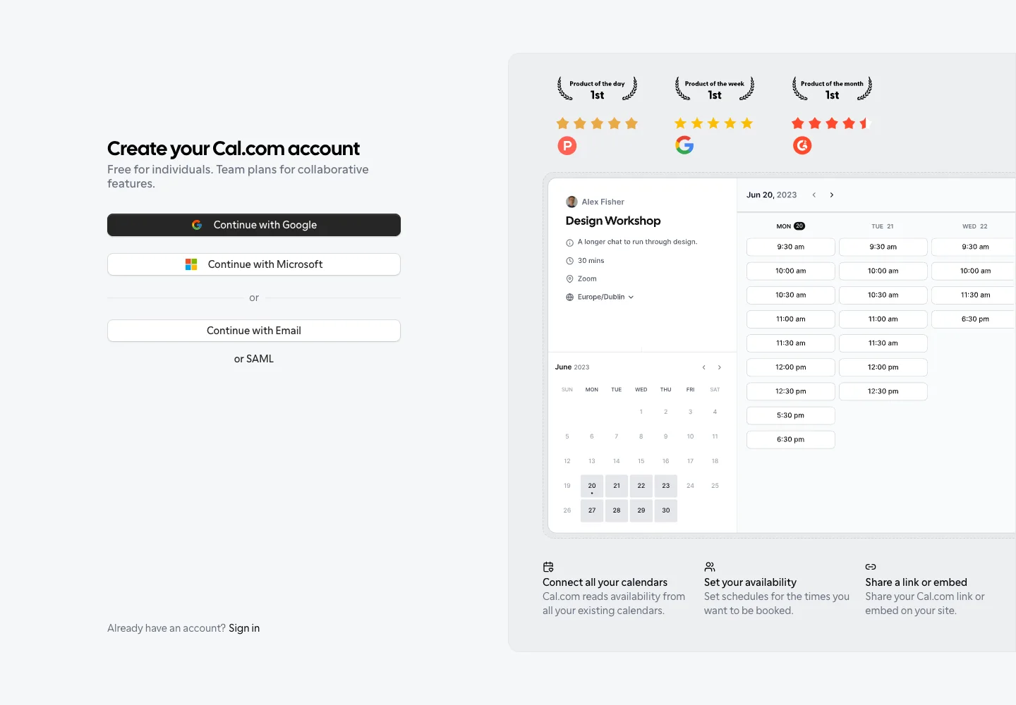 Cal.com — Create account — captured interface
