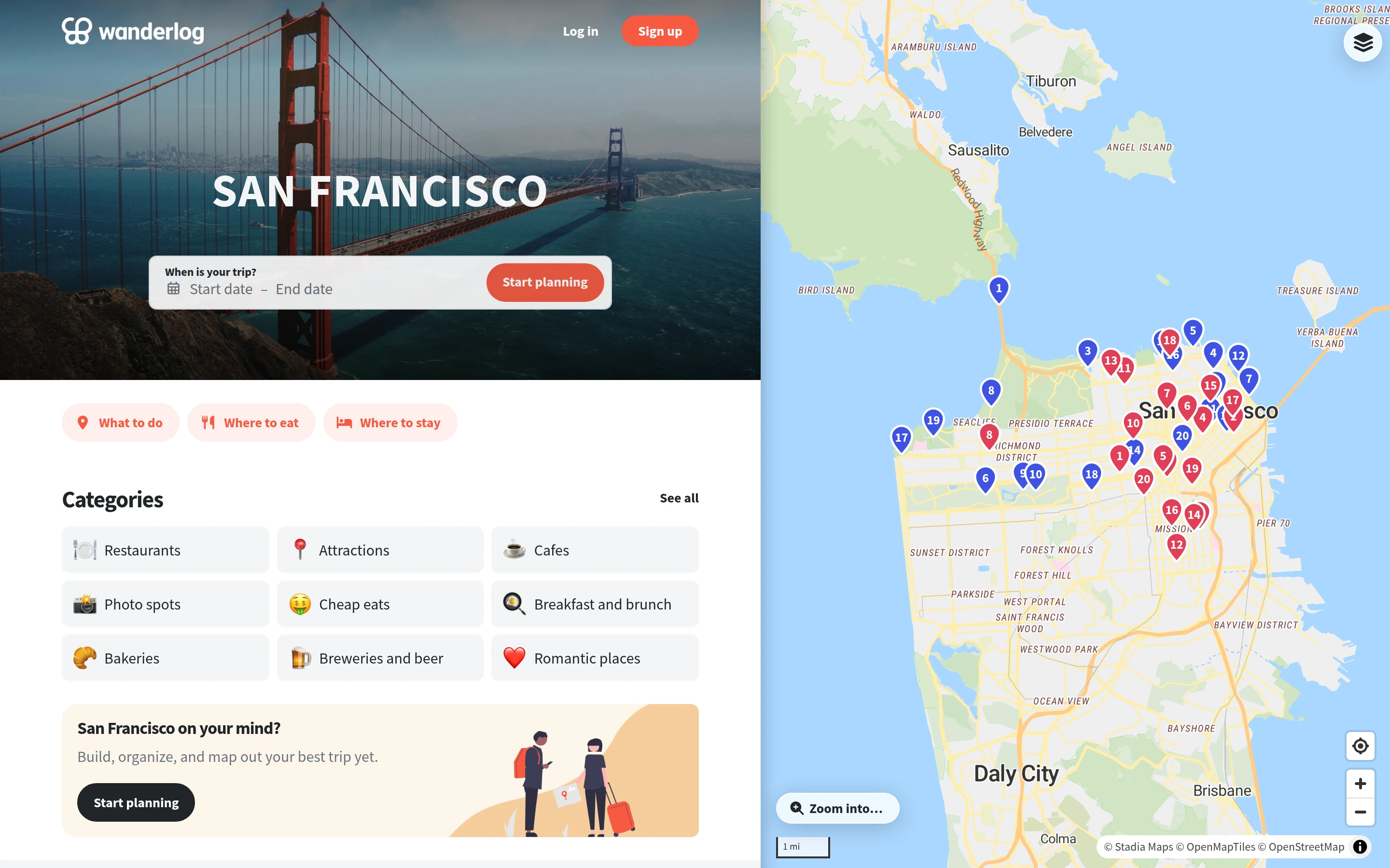 Wanderlog — Travel planning map — captured interface