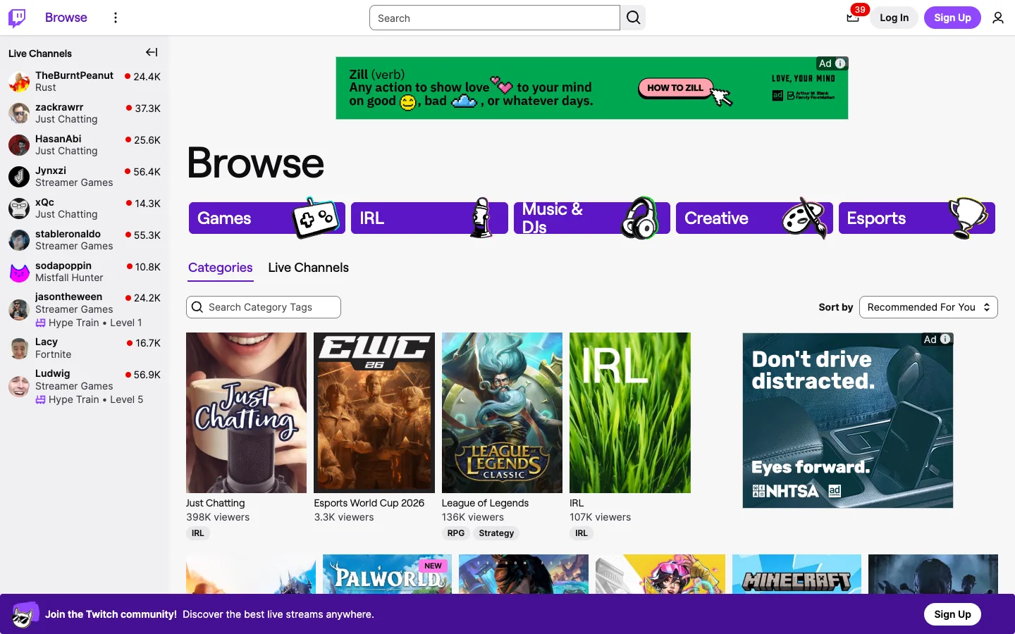 Twitch — Browse directory — captured interface