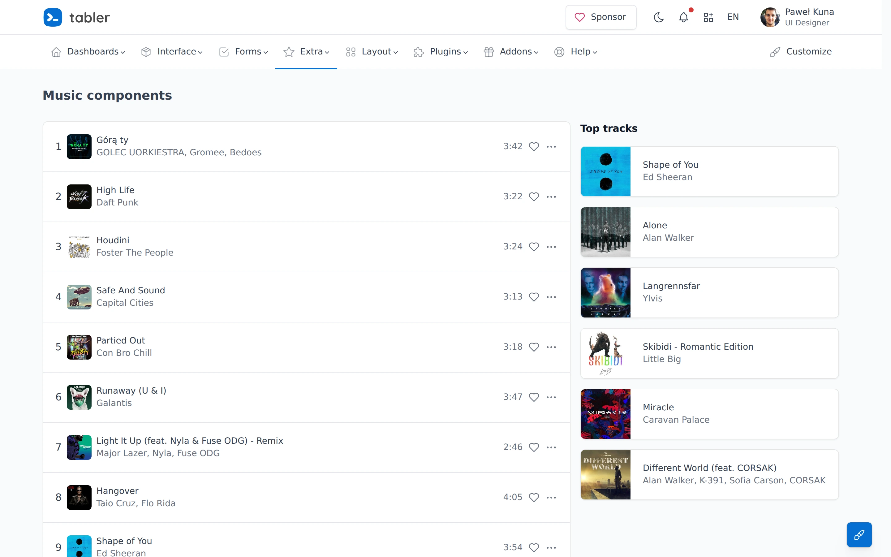 Tabler — Music demo — captured interface