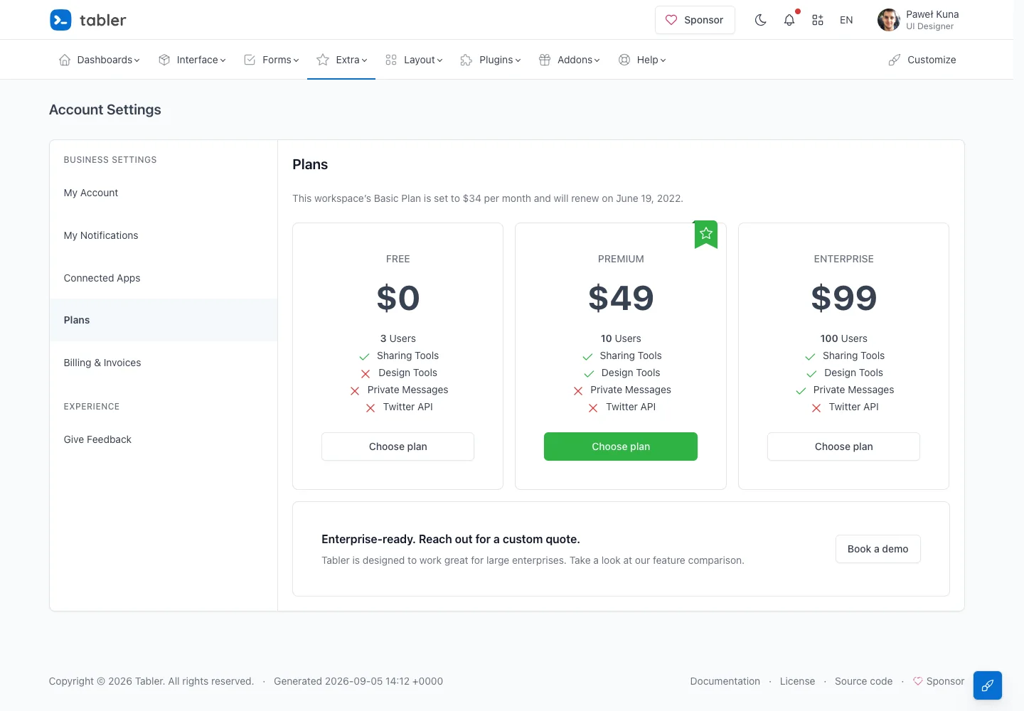 Tabler — Plan and billing — captured interface