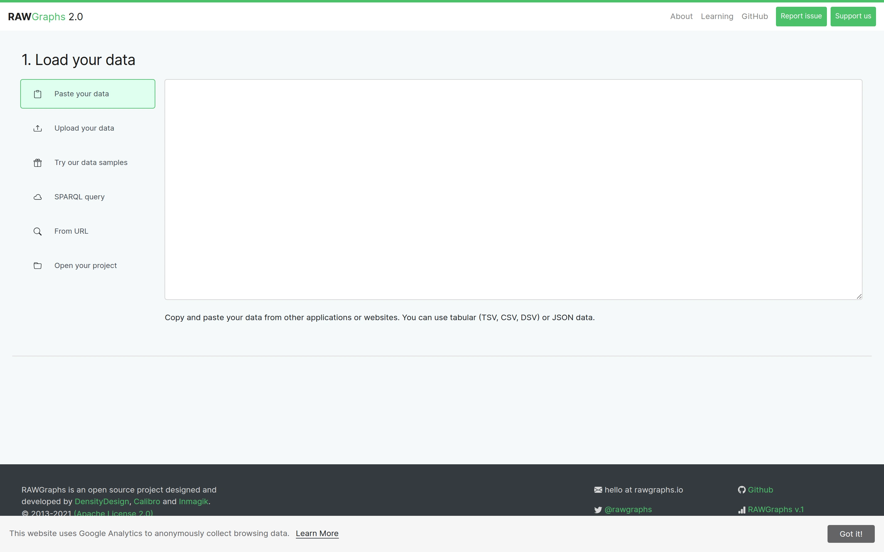 RAWGraphs — Load data — captured interface