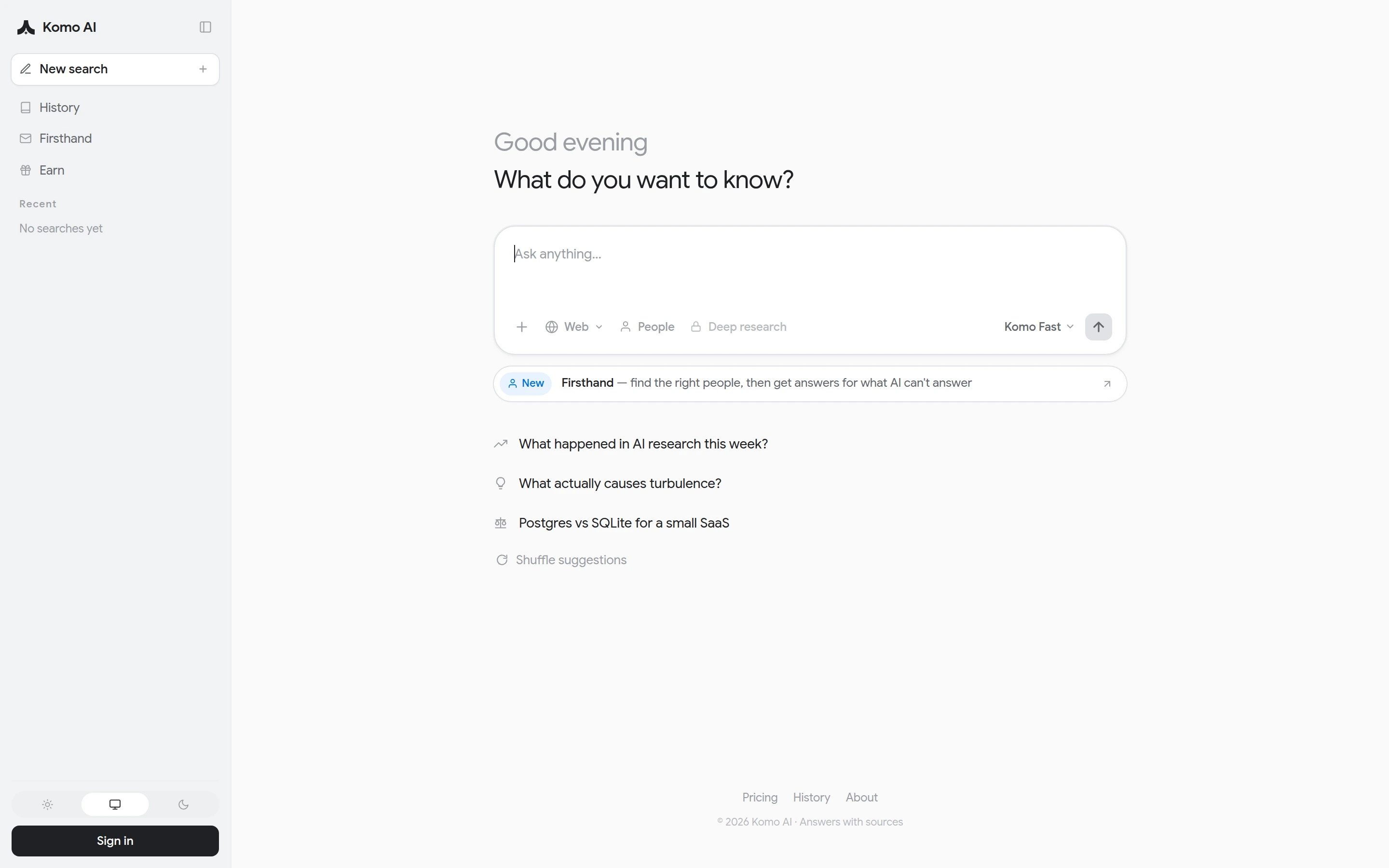 Komo — Search workspace — captured interface