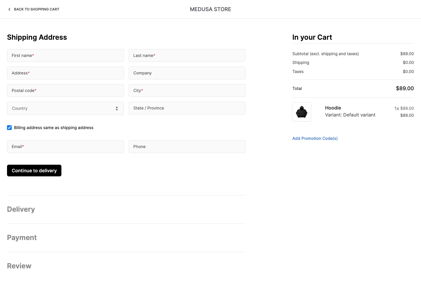Medusa — Shipping address — captured interface