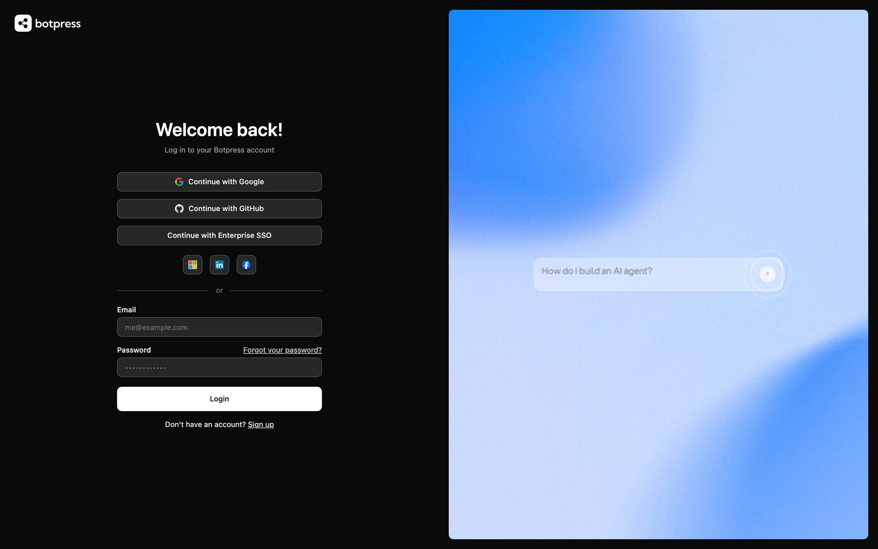 Botpress — Account entry — captured interface