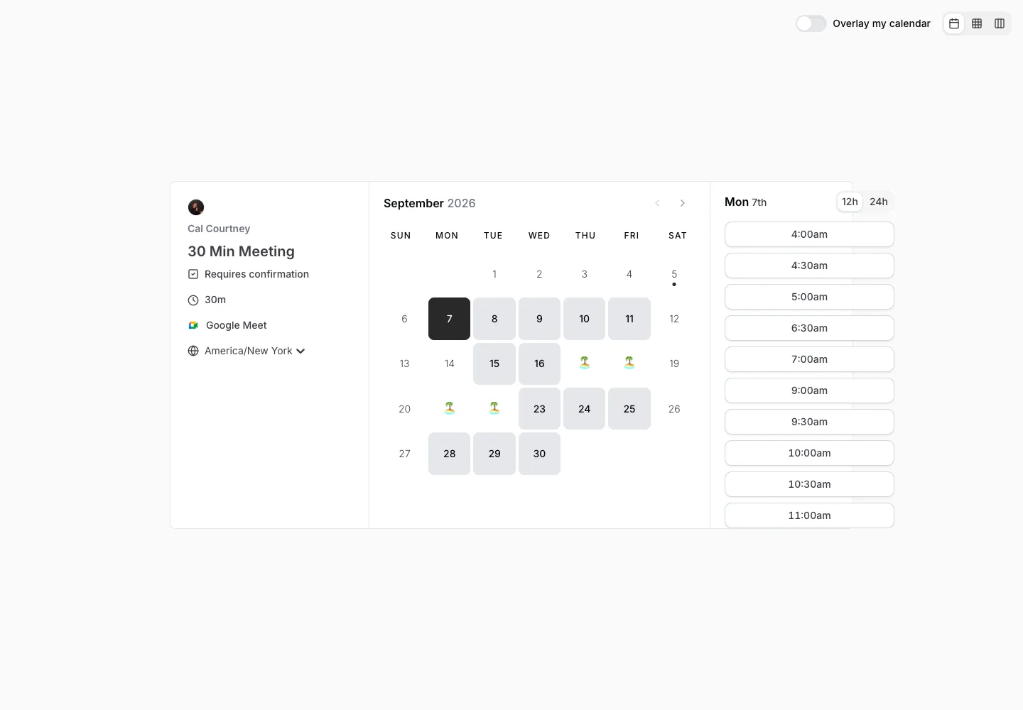 Cal.com — Date and time selection — captured interface