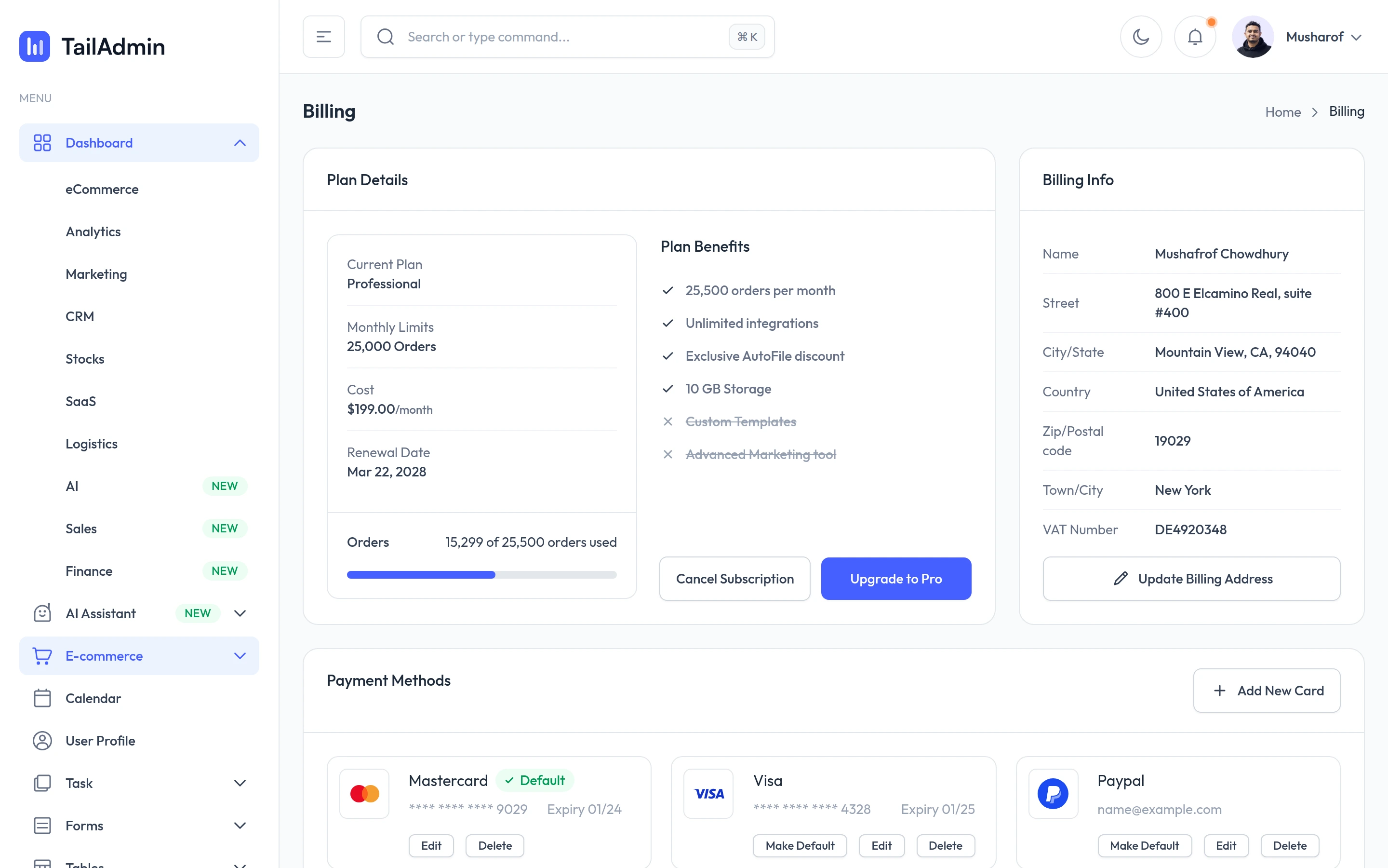 TailAdmin — Billing demo — captured interface