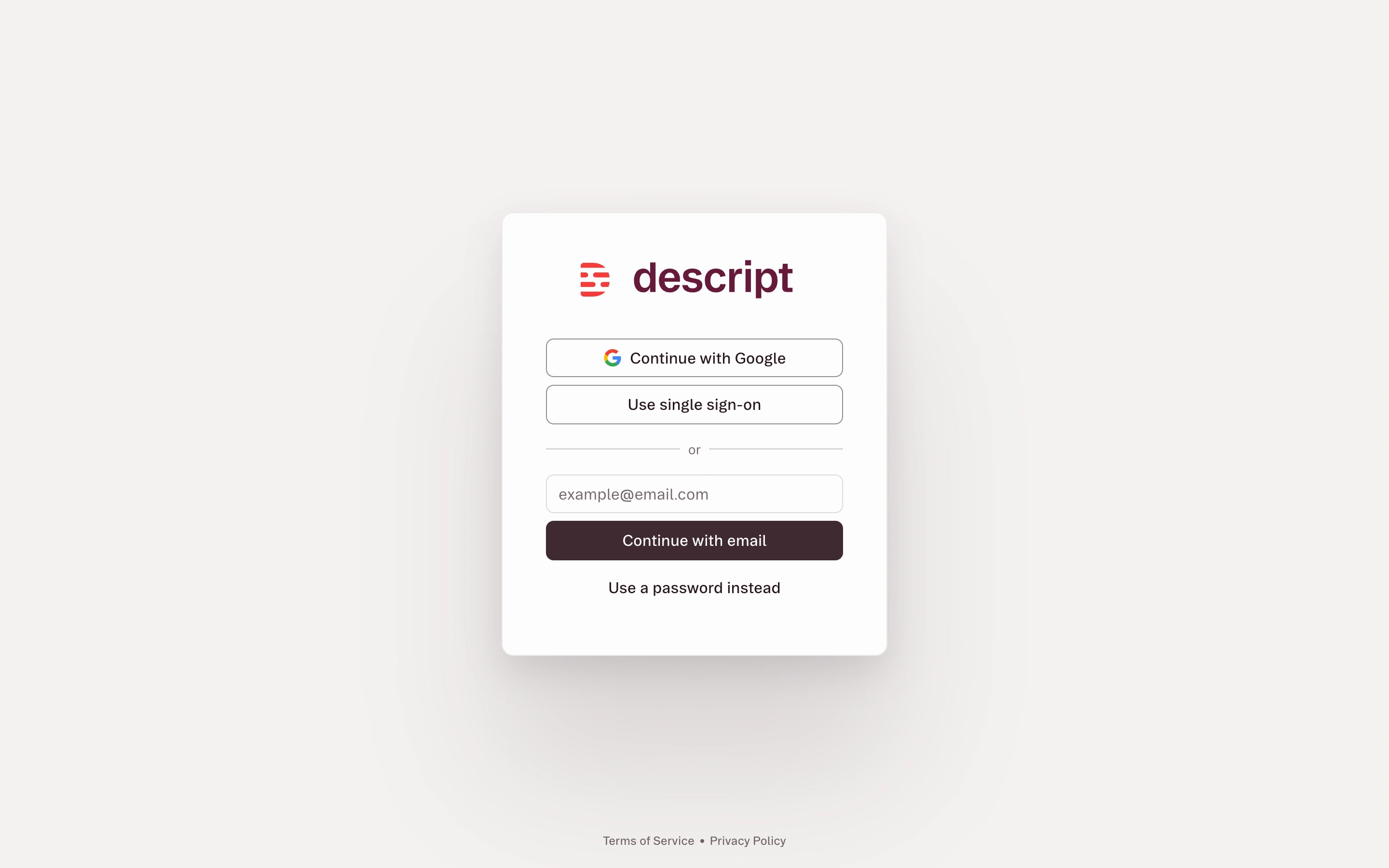 Descript — Account entry — captured interface