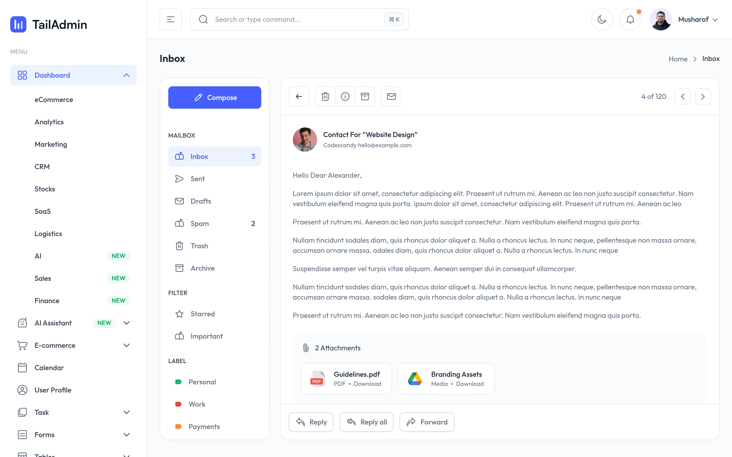 TailAdmin — Inbox details demo — captured interface