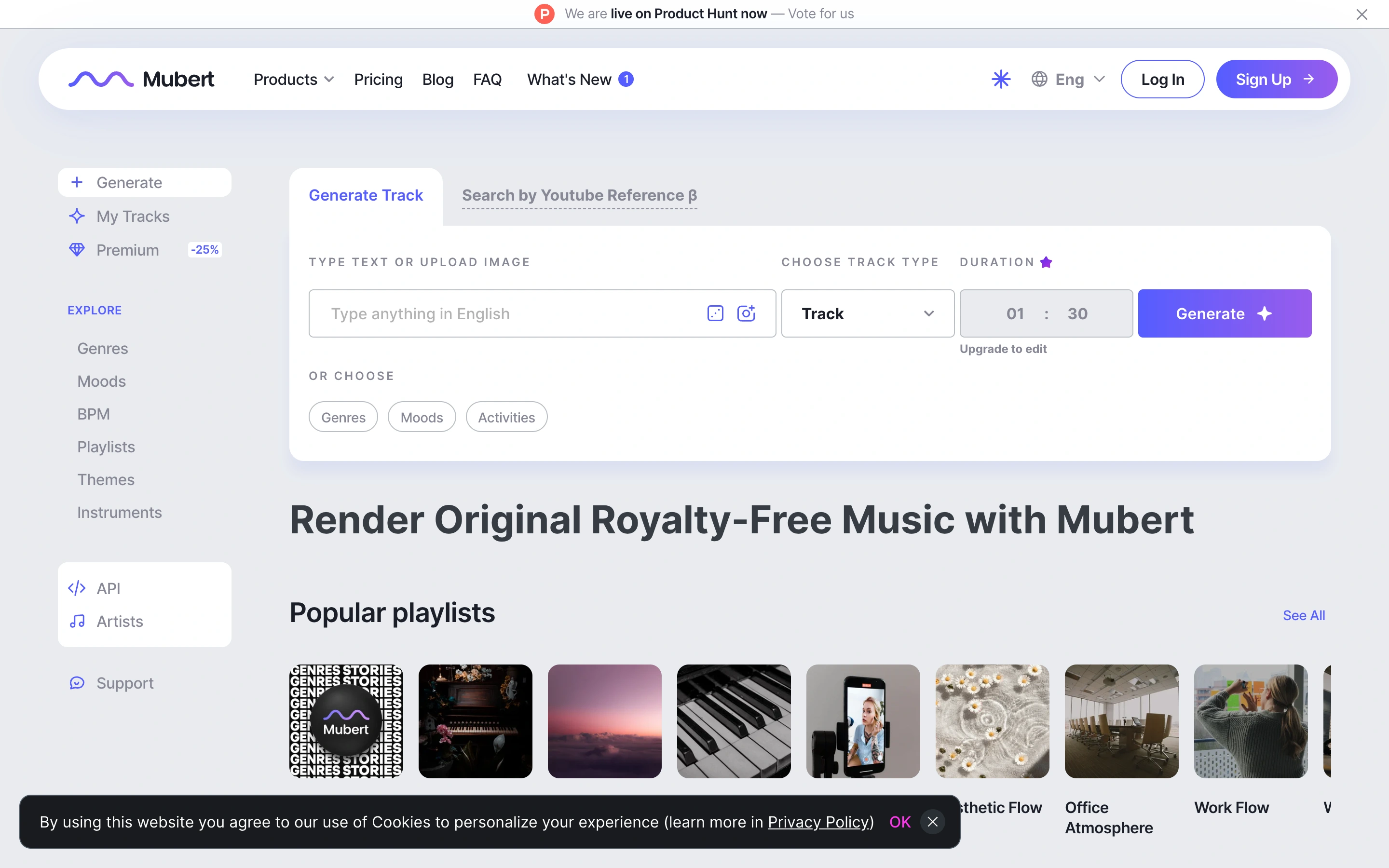 Mubert Render — Music workspace — captured interface