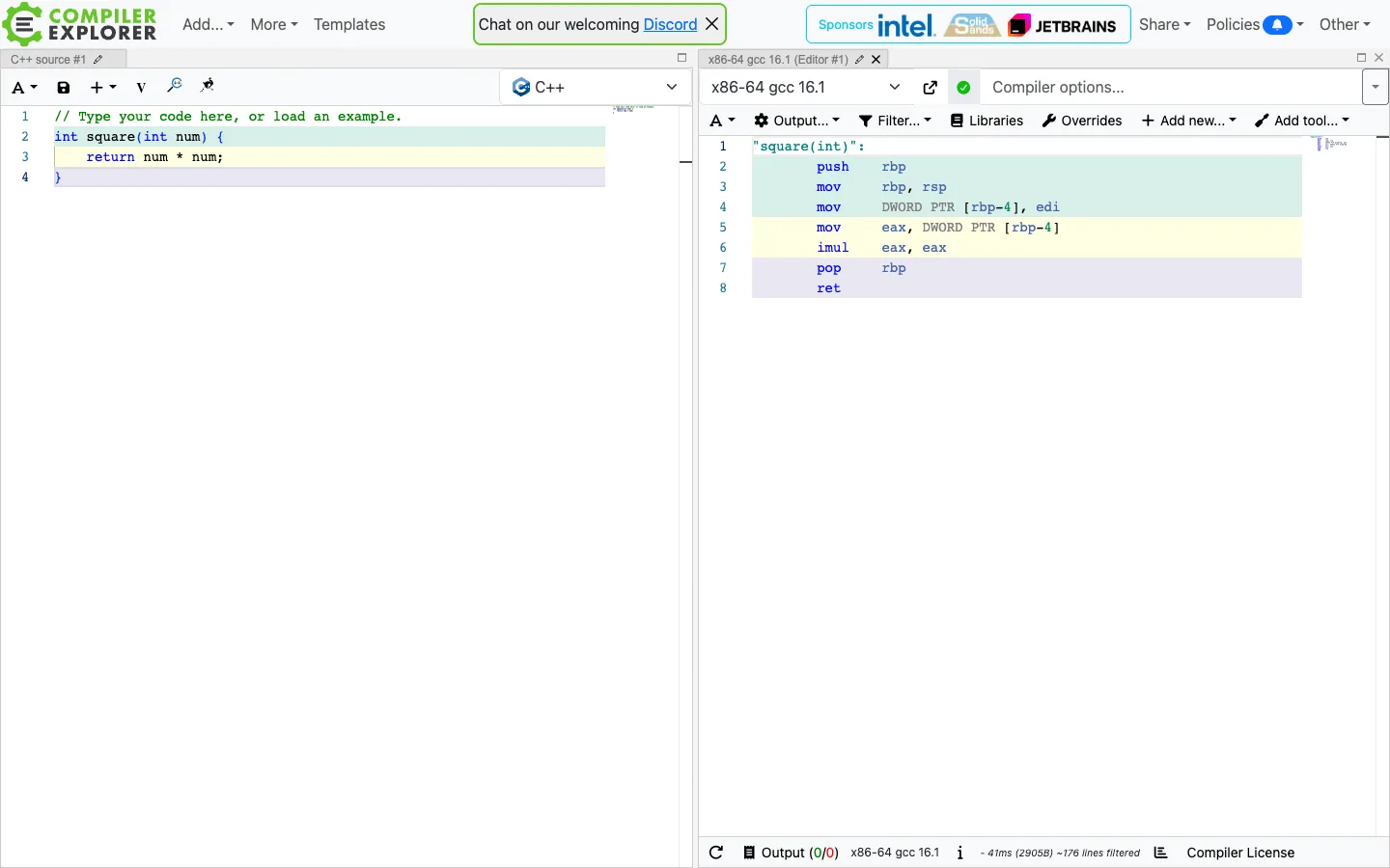Compiler Explorer — Split panes — captured interface
