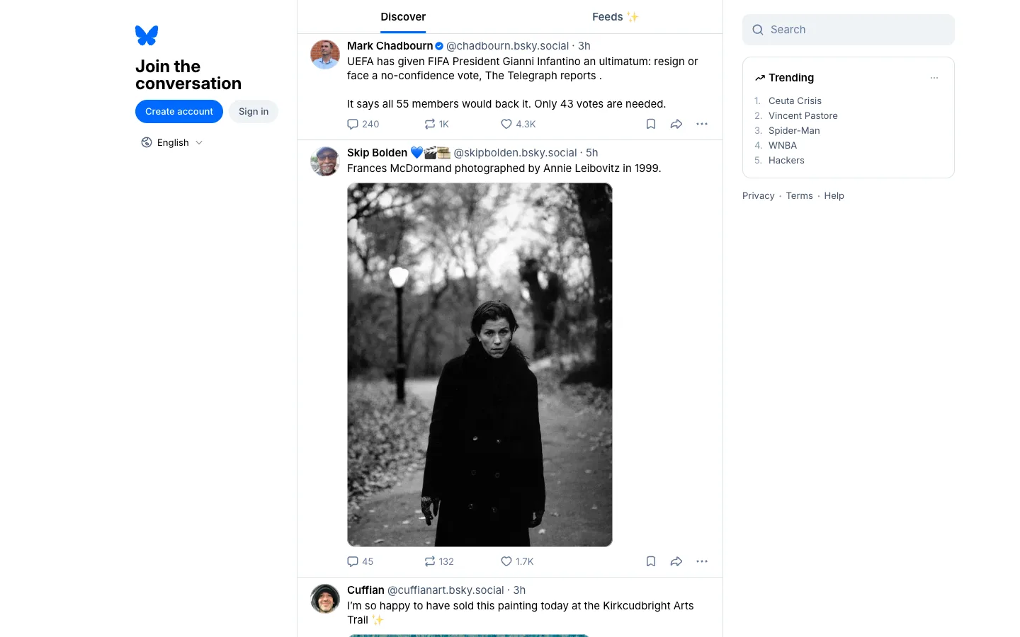 Bluesky — Discover feed — captured interface