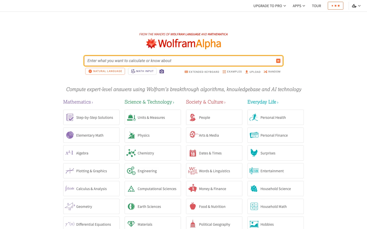 WolframAlpha — Home — captured interface