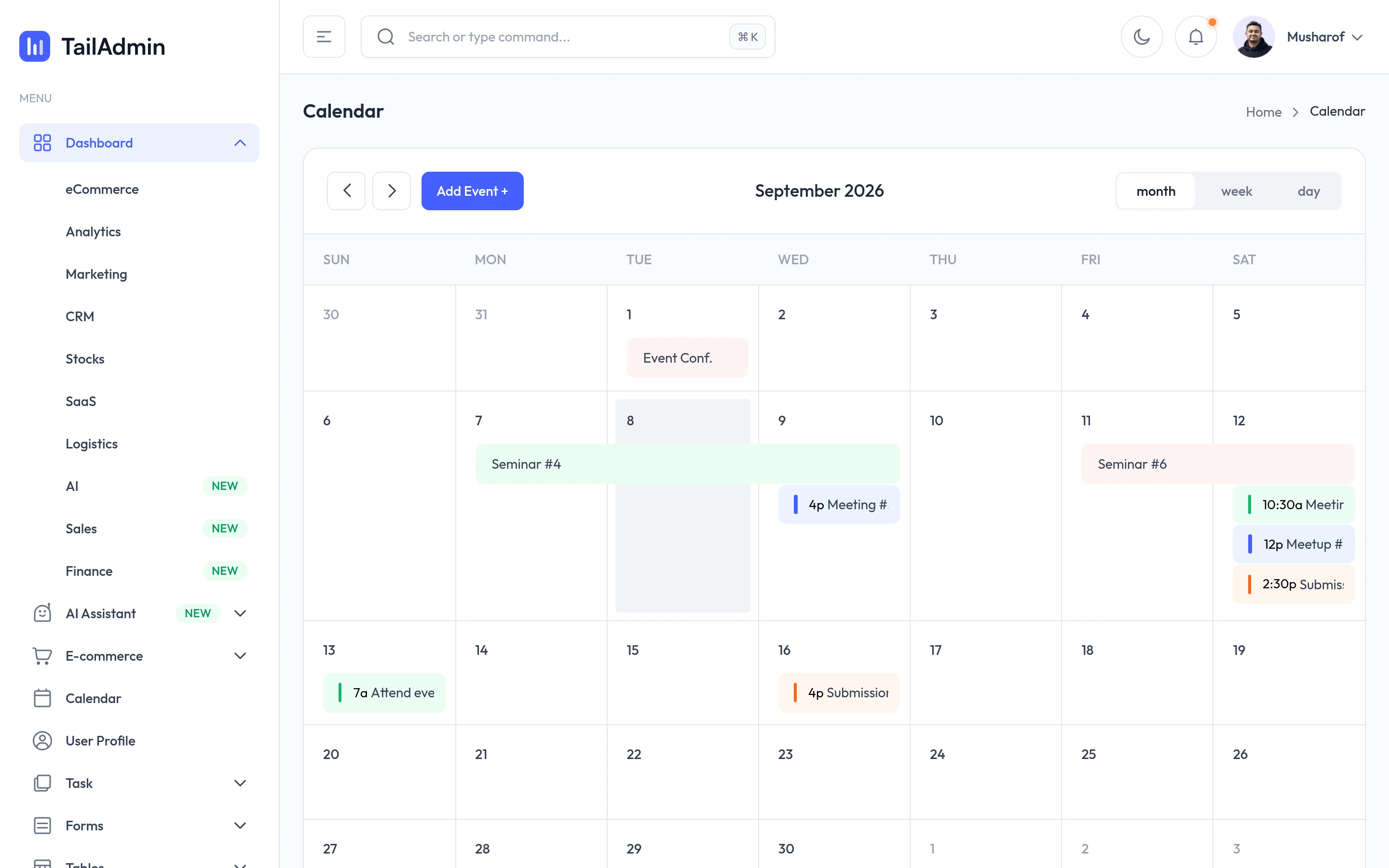 TailAdmin — Calendar demo — captured interface
