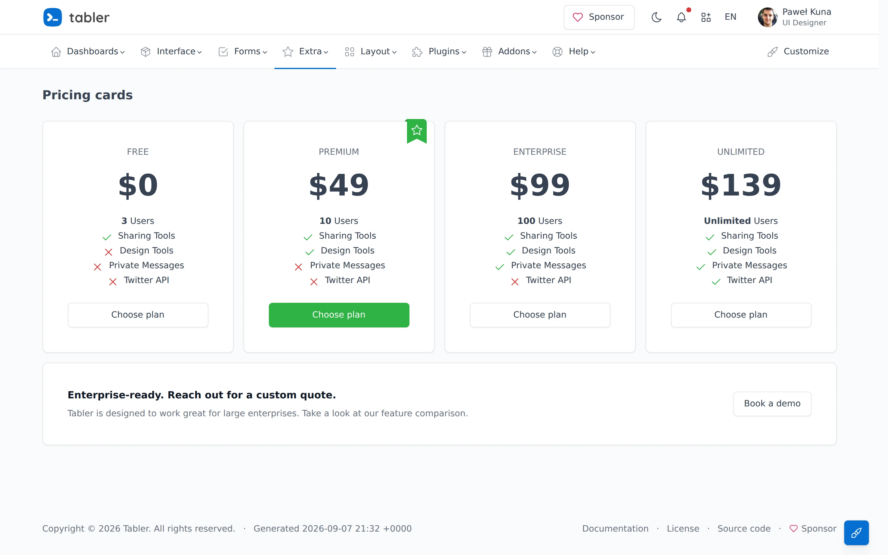 Tabler — Pricing demo — captured interface