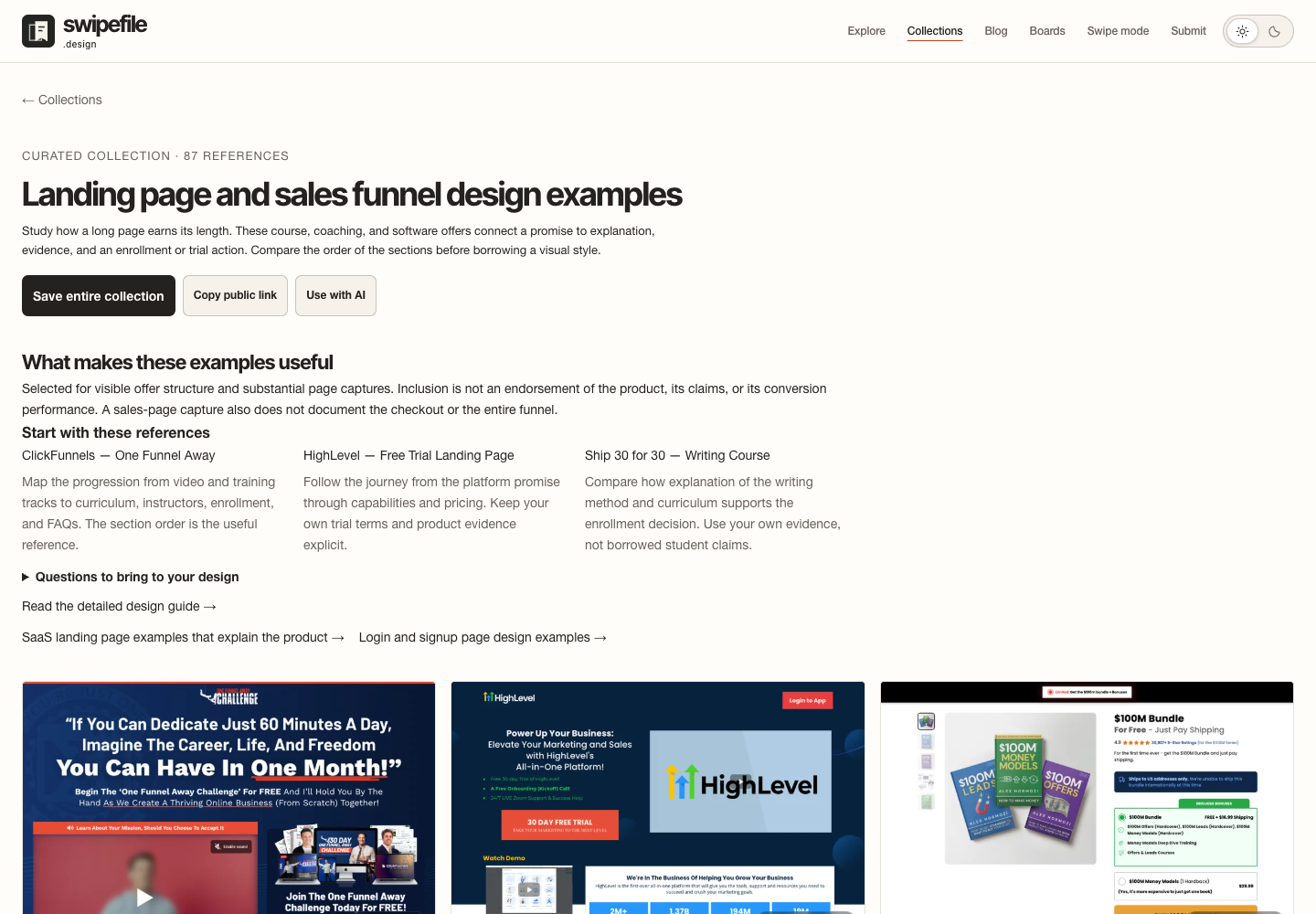 Updated landing-page collection with selection criteria, suggested references, design questions, and the original board-saving controls