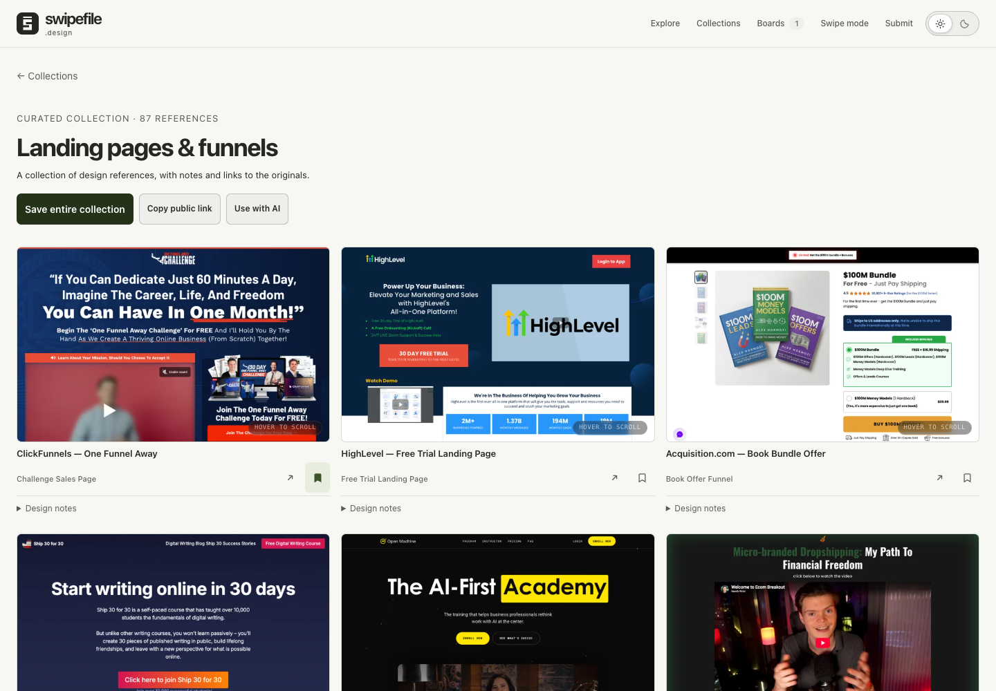Earlier landing-pages collection showing the title, save controls, and a screenshot grid