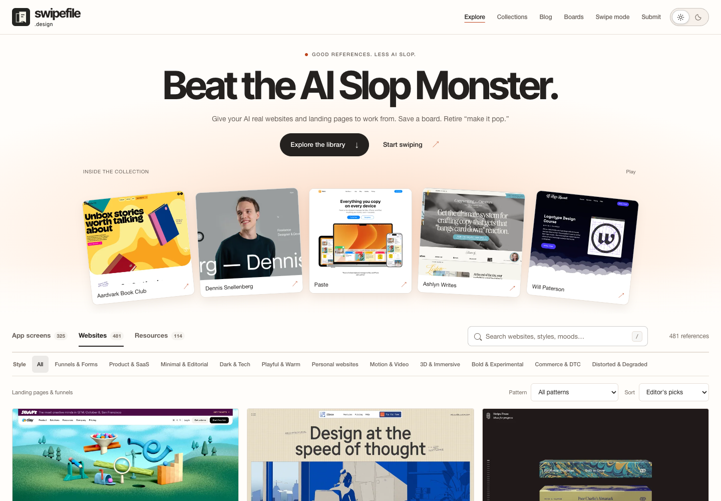 Current Swipefile introduction with a centered headline, warm background, two actions, and a fan of real design references