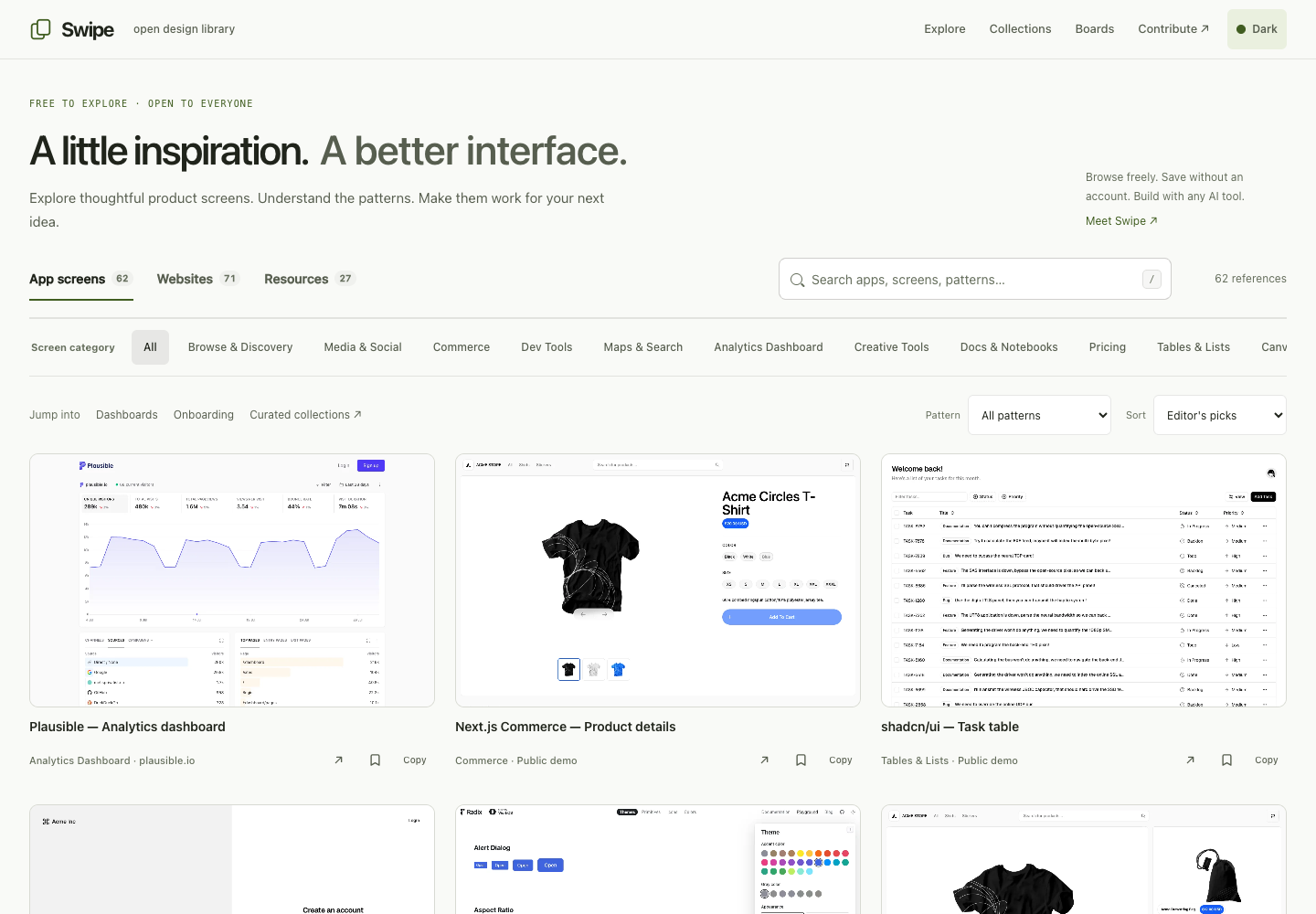 Earlier Swipe library header with a left-aligned title and filters above a screenshot grid
