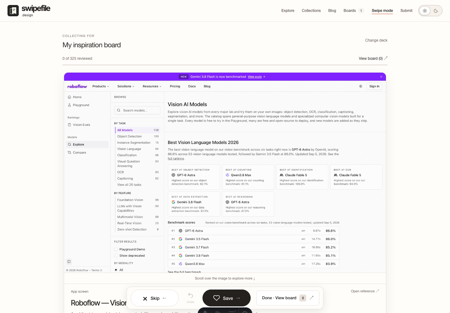 Earlier Swipefile deck with a large reference screenshot and compact controls below it