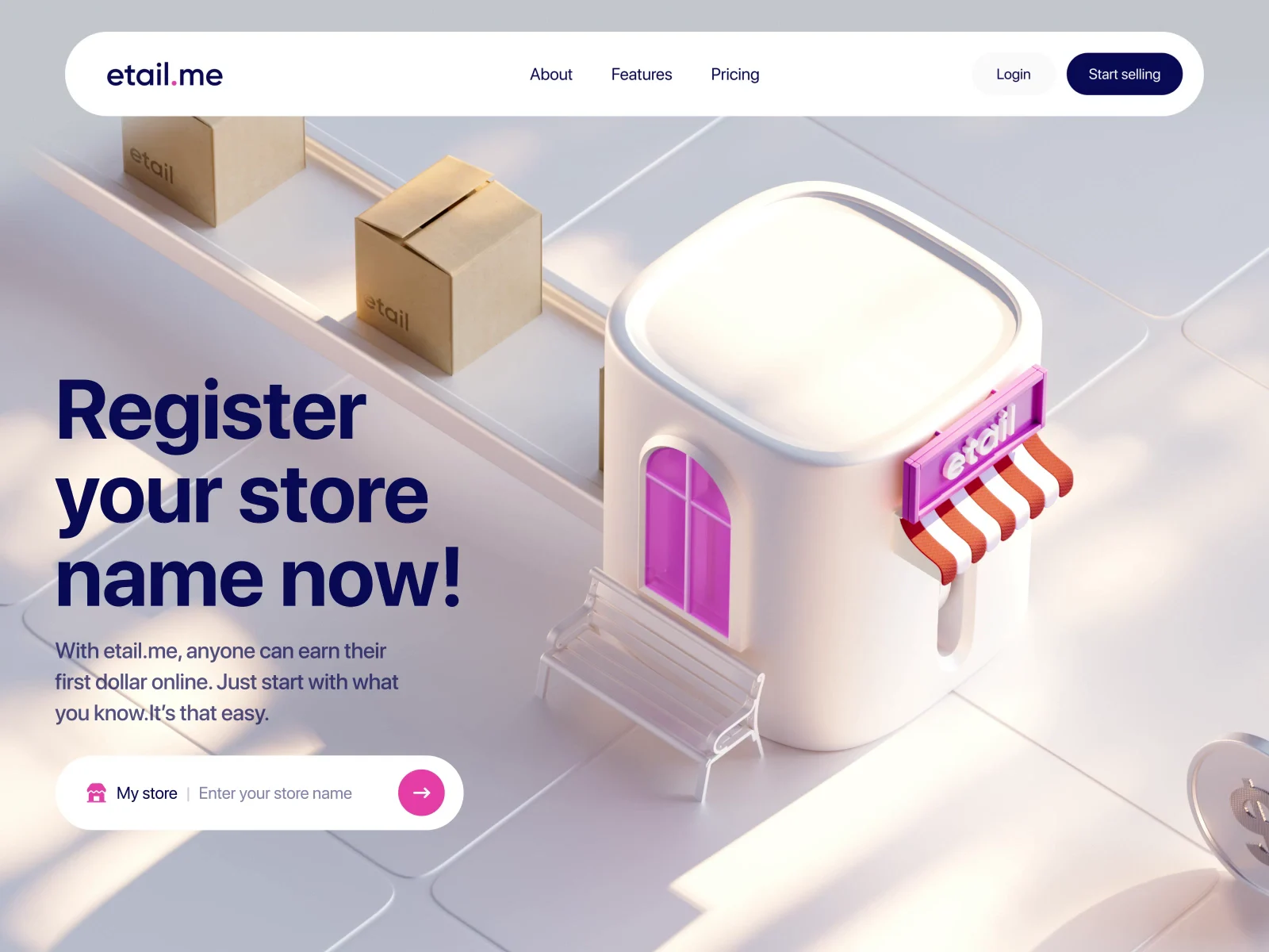 Etail landing page web design 3D animation preview