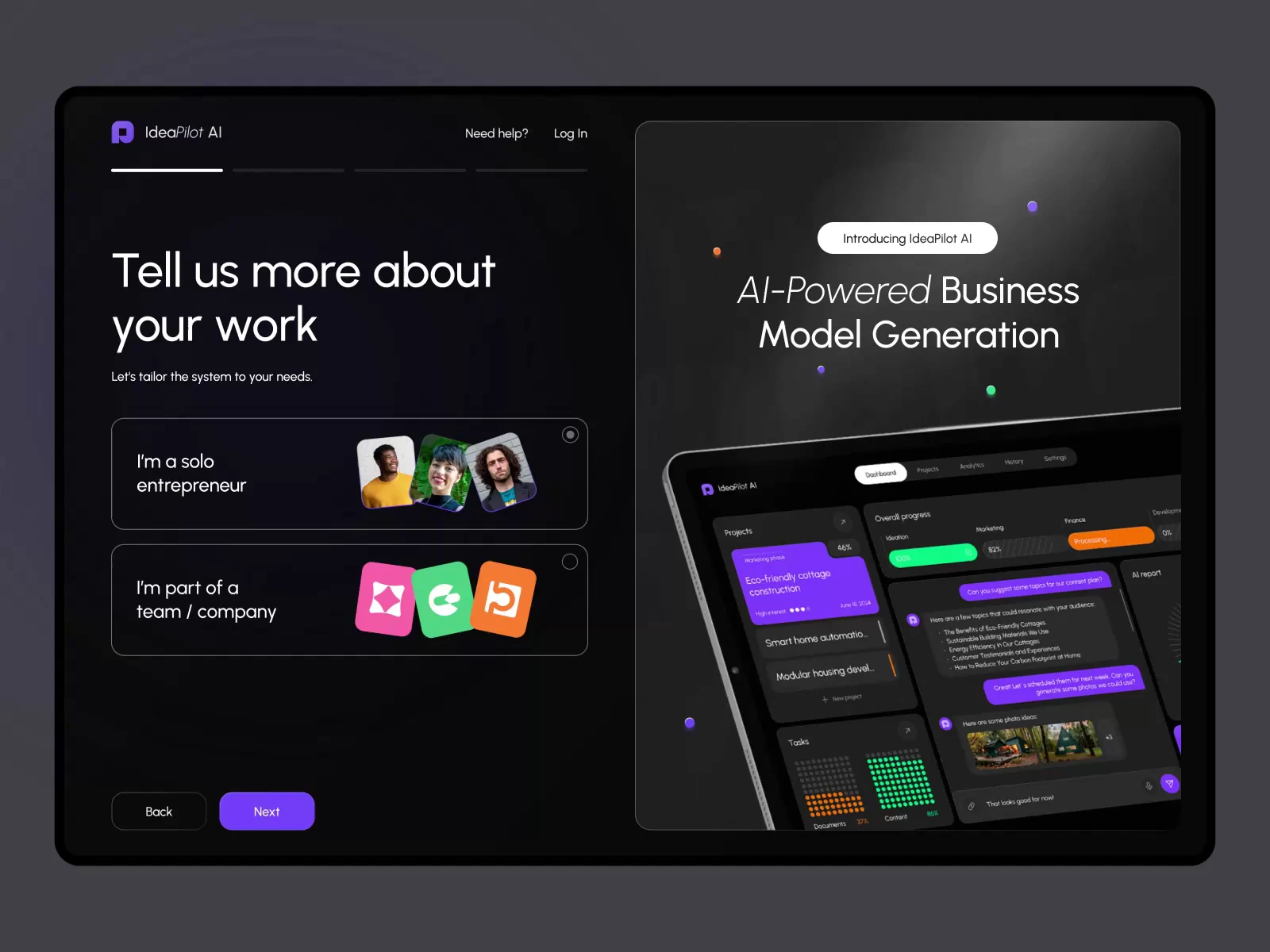 IdeaPilot AI - Dark Dashboard UI preview